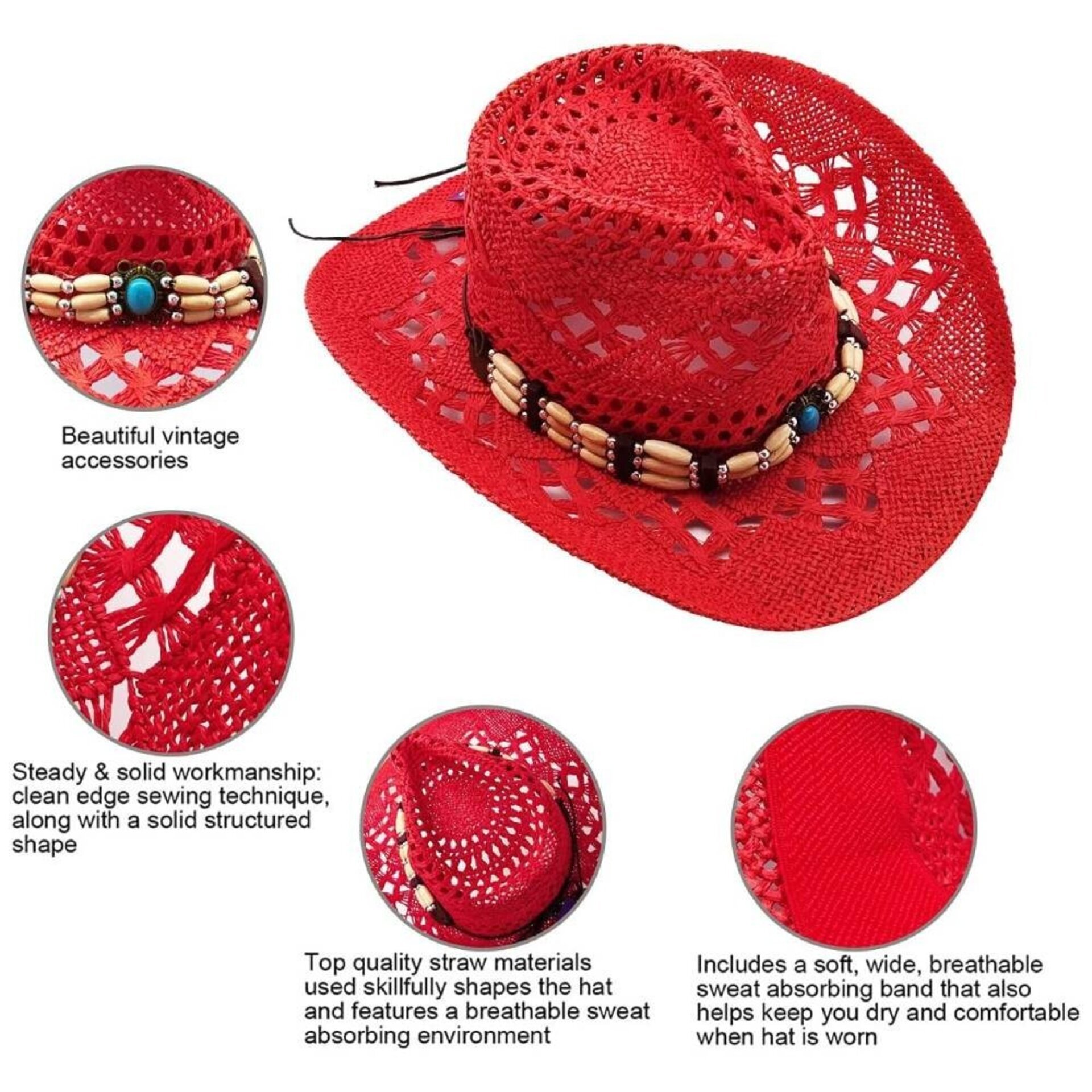 Sombrero Vaquero Paja Unisex | Rojo Cowboy Western | Alas Anchas Talla Adulto - 2