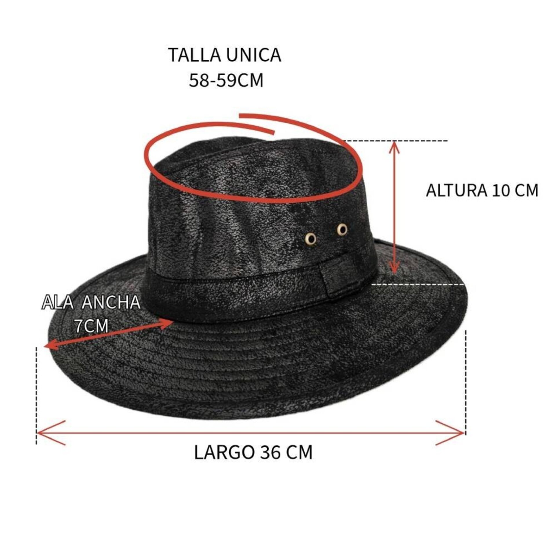 Sombrero Fedora Sintético Negro Desgastado Unisex Adulto Estilo Western Aventura - 7