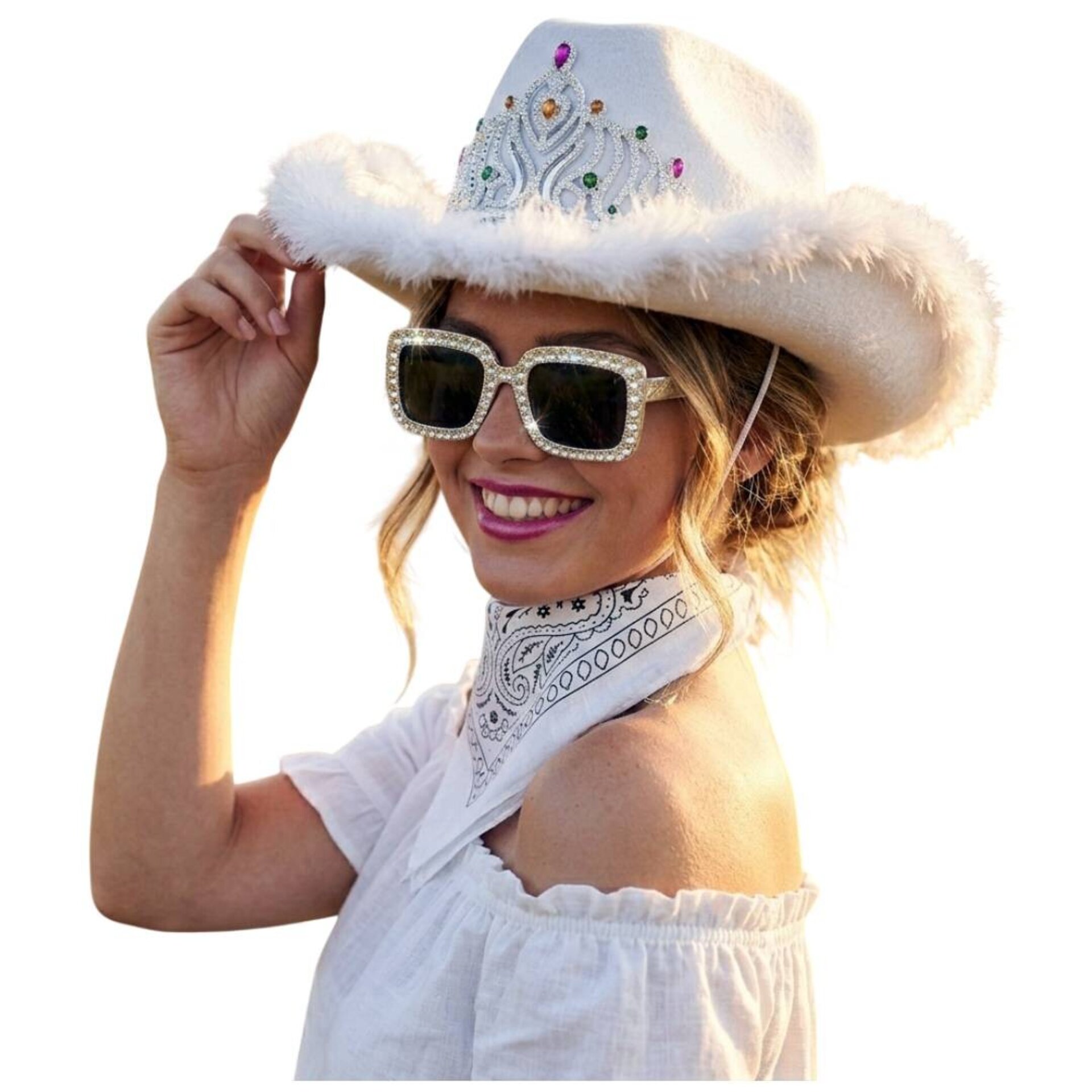 Set Vaquera Sombrero Cowgirl Blanca, Bandana Western y Gafas Fashion - 8
