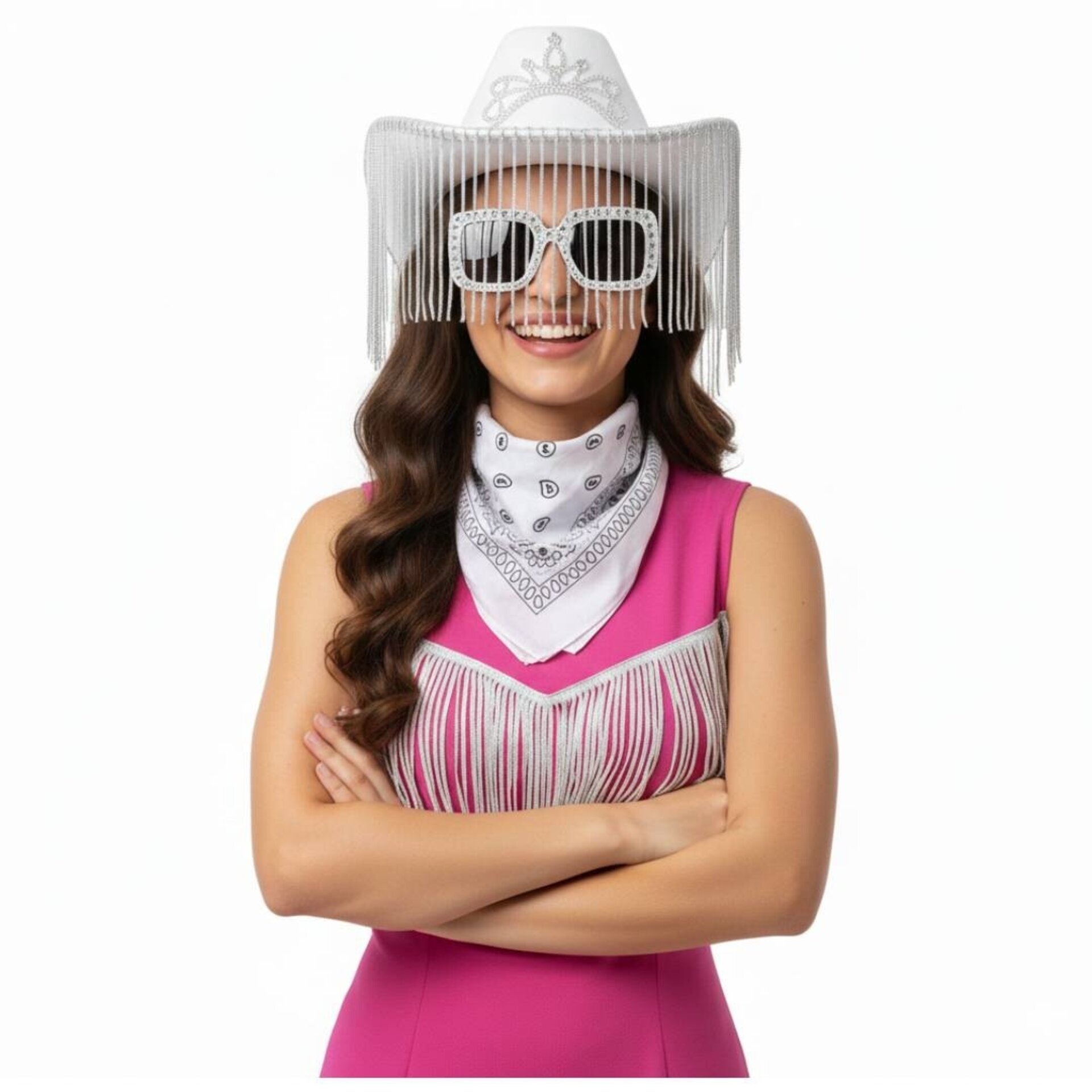 Pack Disfraz Vaquera Blanca, Sombrero Cowgirl con Flecos, Gafas y Bandana - 3