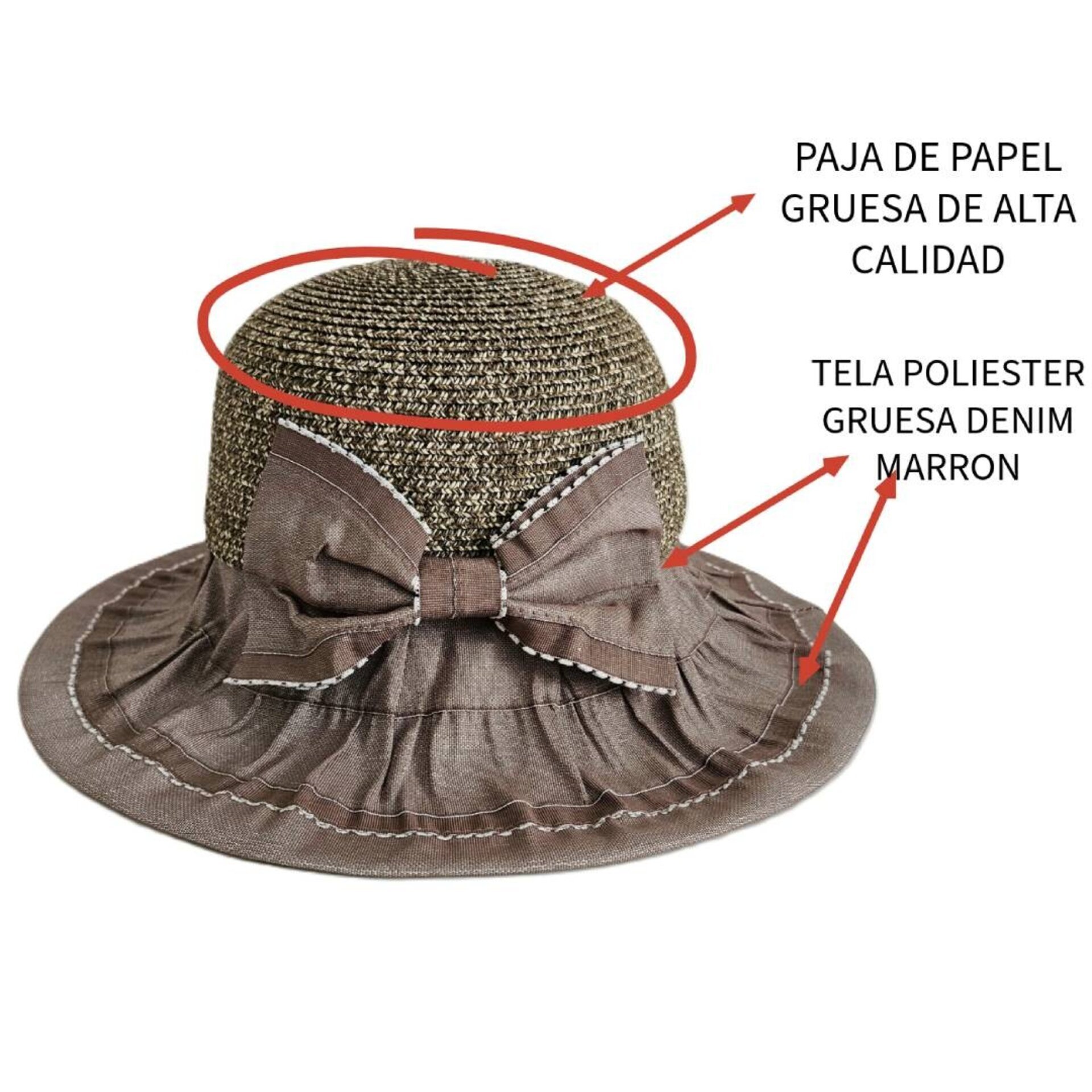 Sombrero de Paja/Denim Marrón con Lazo Fruncido Enrollable mujer talla ajustable - 5