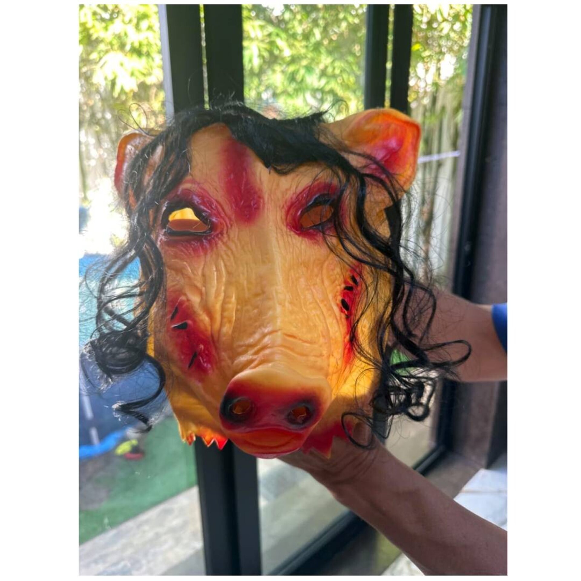 Máscara SAW de Látex para disfraz de Cerdo Macabro del Terror pelo sintético - 4