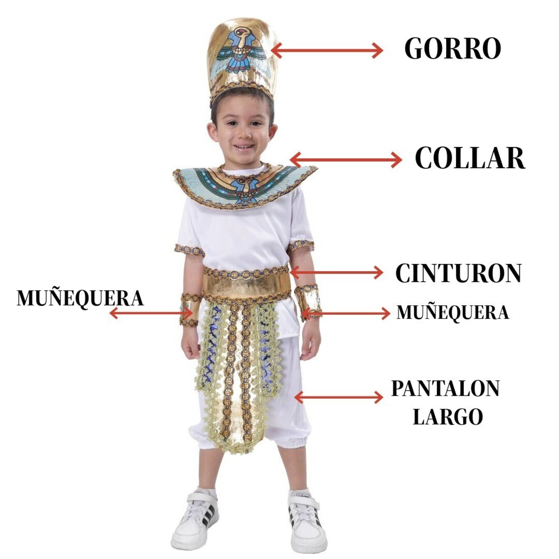 Disfraz de Faraón Príncipe Egipcio para Niños. Kit con Gorro, Collar y Cinturón. - 5