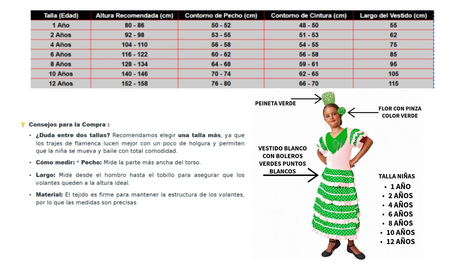 Disfraz de Flamenca Niña Vestido Sevillana con Lunares y Accesorios 1-12 Años - 8