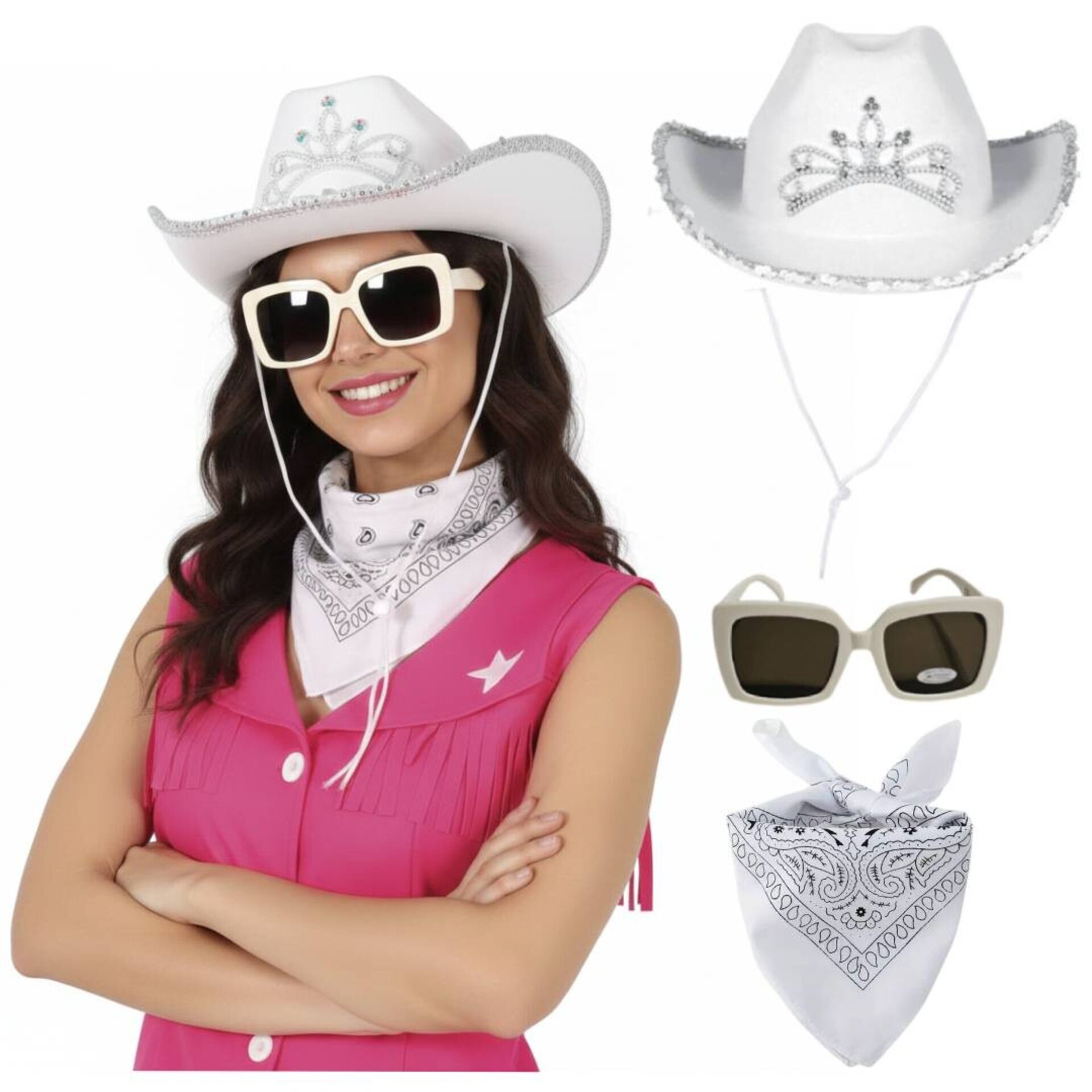 Set de 3pcs Disfraz Vaquera Blanca Lujo - Sombrero Cowboy Gafas de sol y Pañuelo - 3