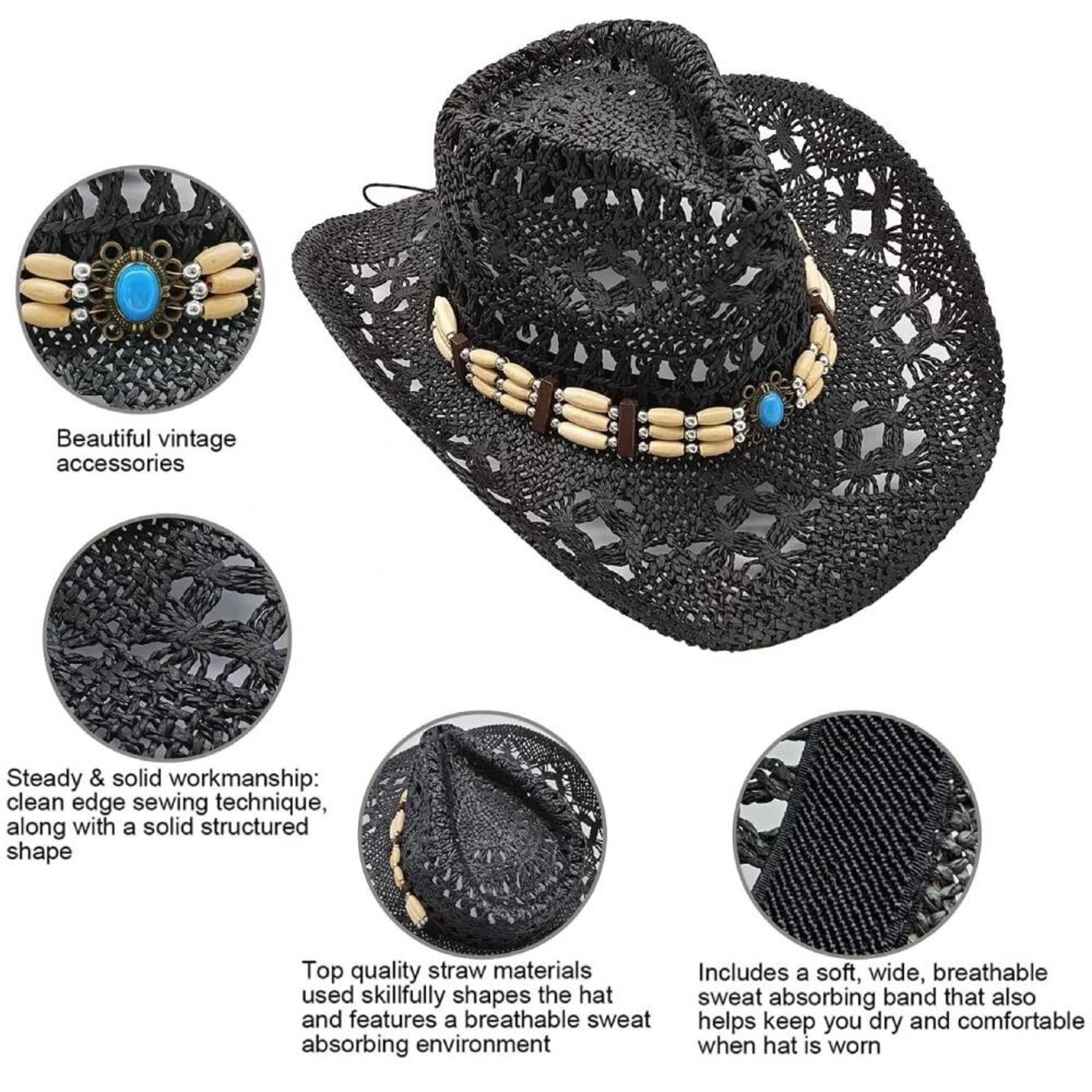 Sombrero Vaquero Paja Unisex Ajustable | Negro Cowboy Western | Alas Anchas - 2