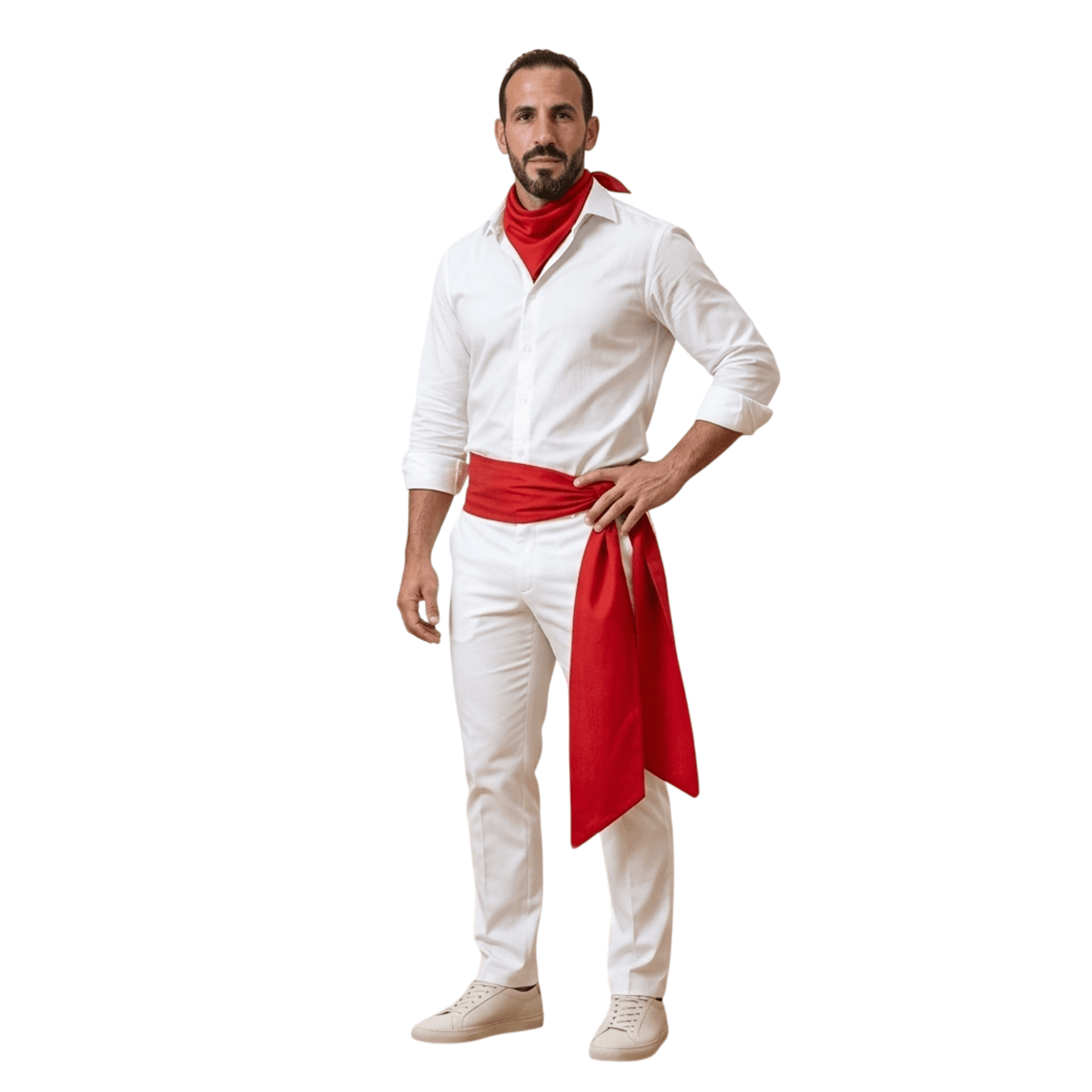 Traje San Fermín Adulto: Pantalón Blanco Ajustable + Faja Roja (200cm) + Pañuelo - 1