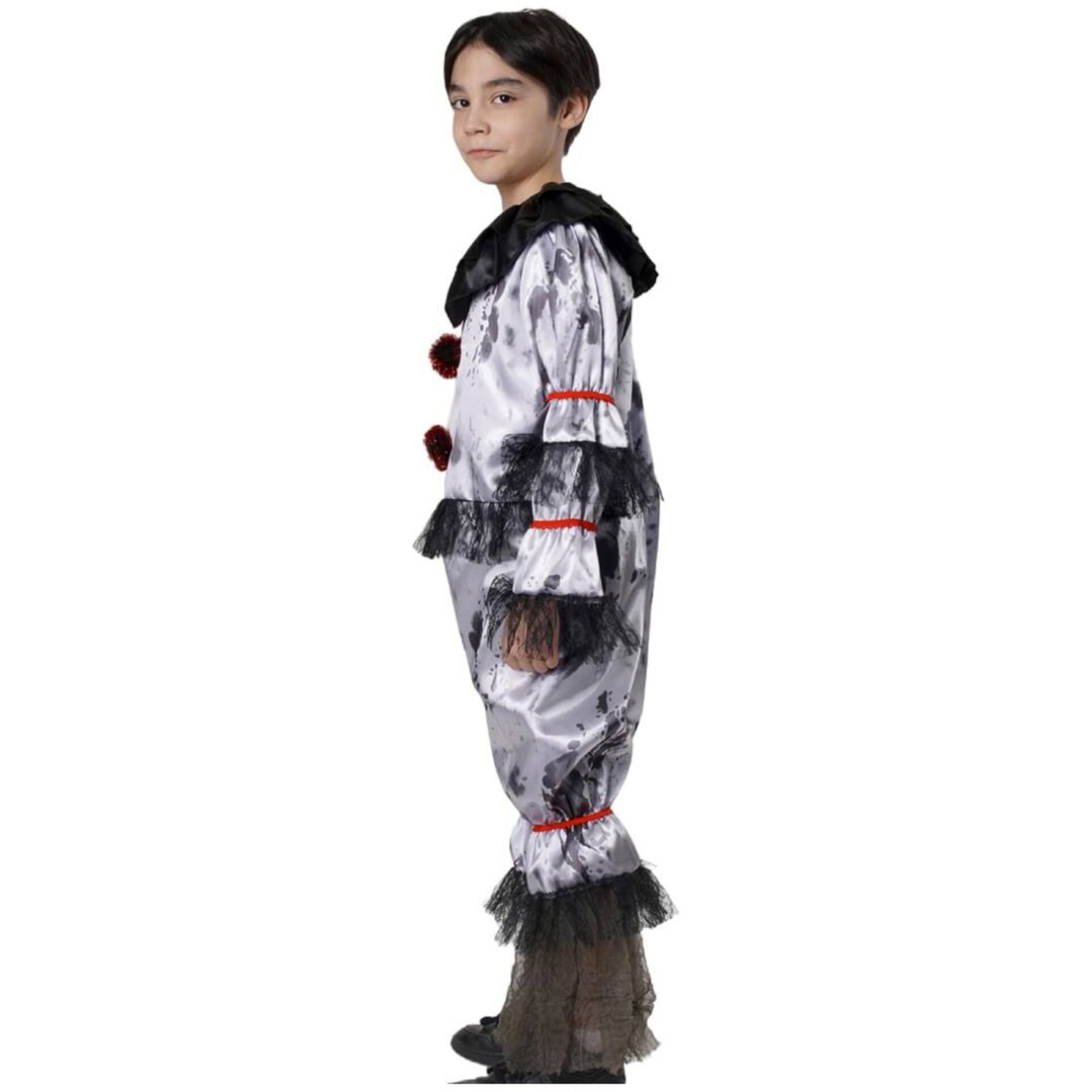 Disfraz de Payaso del Terror Infantil. Mono Gris Unisex con Encaje y Volantes. - 3