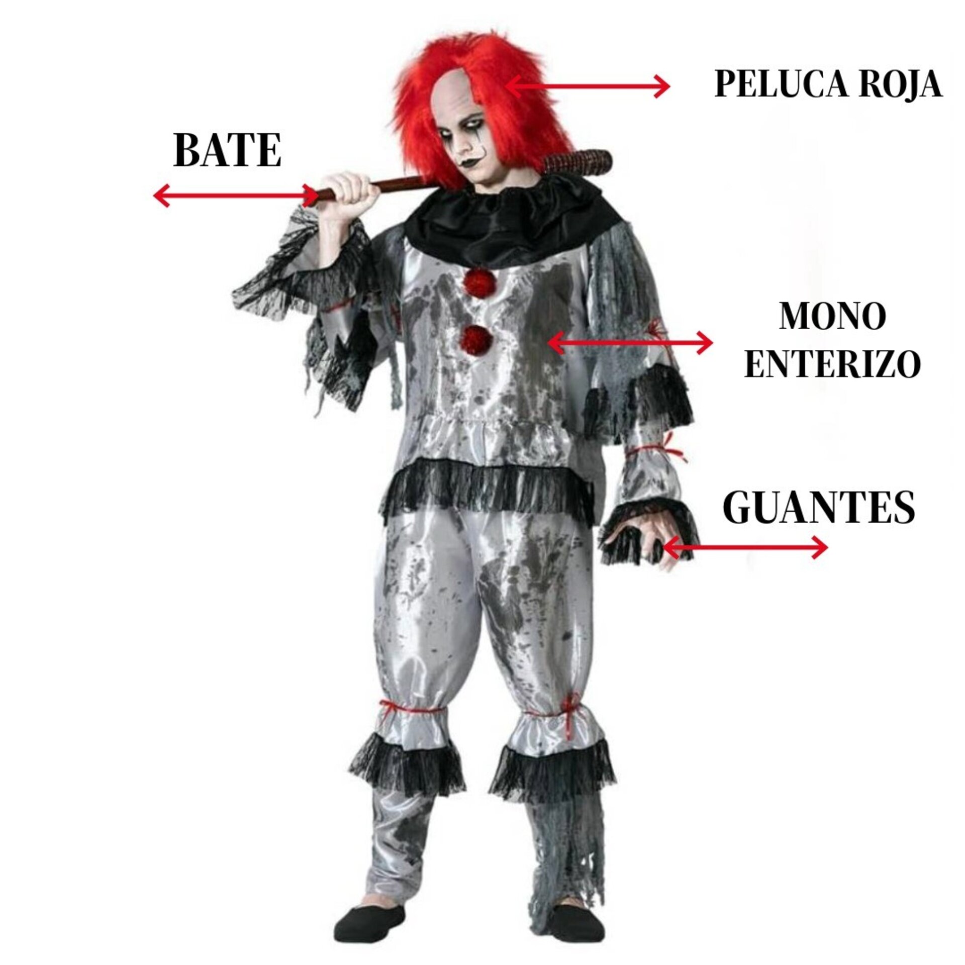 Disfraz Payaso Terror Hombre Adulto Estilo IT Pennywise Peluca Roja Bate Guantes - 5