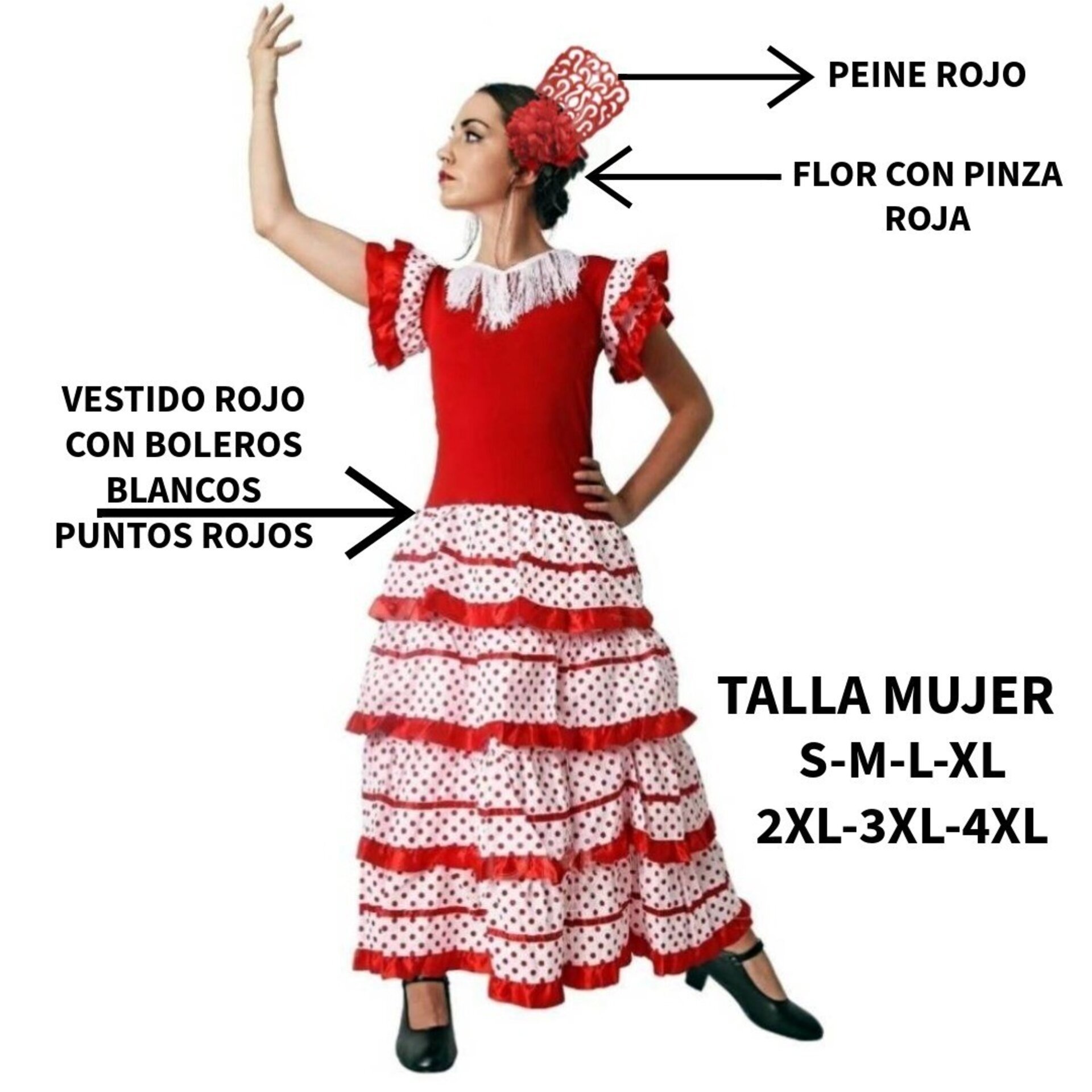 Vestido de Flamenca Mujer Traje Sevillana Rojo y Lunares con Flor y Peineta - 7