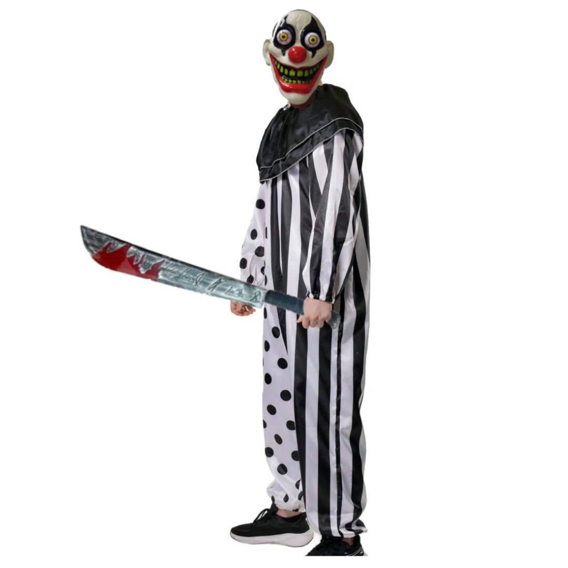 Disfraz Payaso del Terror. Máscara, Guantes, Machete Falso Sangriento y Mono. - 1