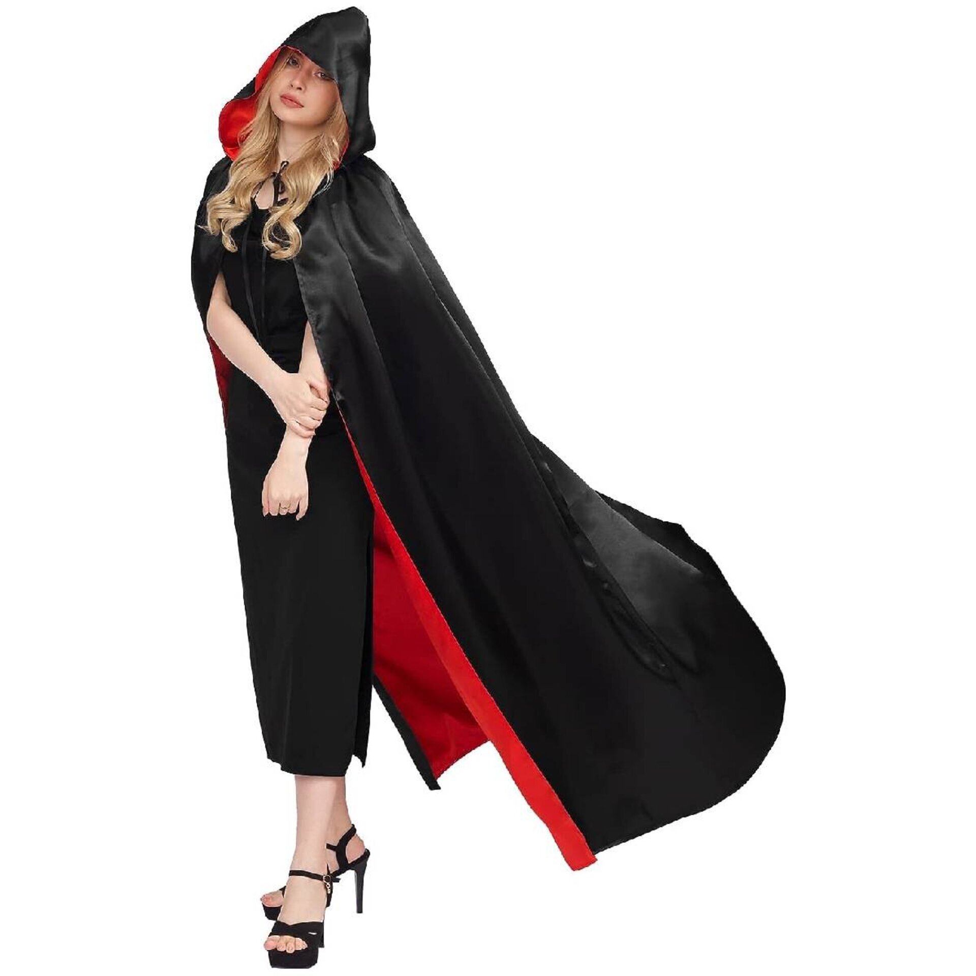 Capa Medieval con capucha Reversible doble cara en Negro y Rojo para disfraz - 3