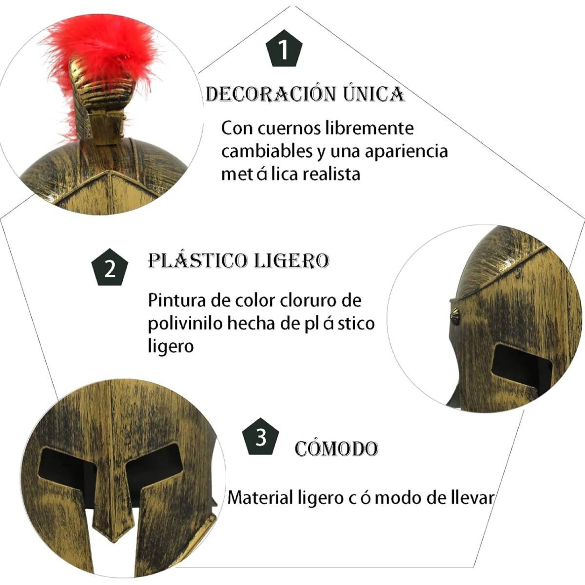 Casco Medieval Dorado de Espartano para Disfraz Romano, Griego, Guerrero Adulto - 4