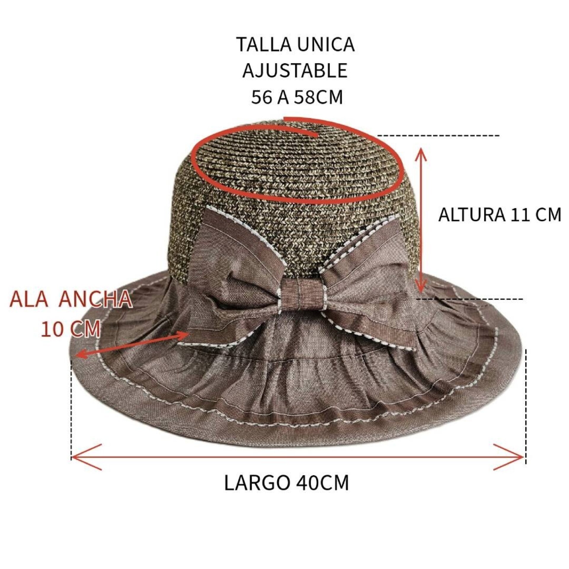 Sombrero de Paja/Denim Marrón con Lazo Fruncido Enrollable mujer talla ajustable - 3