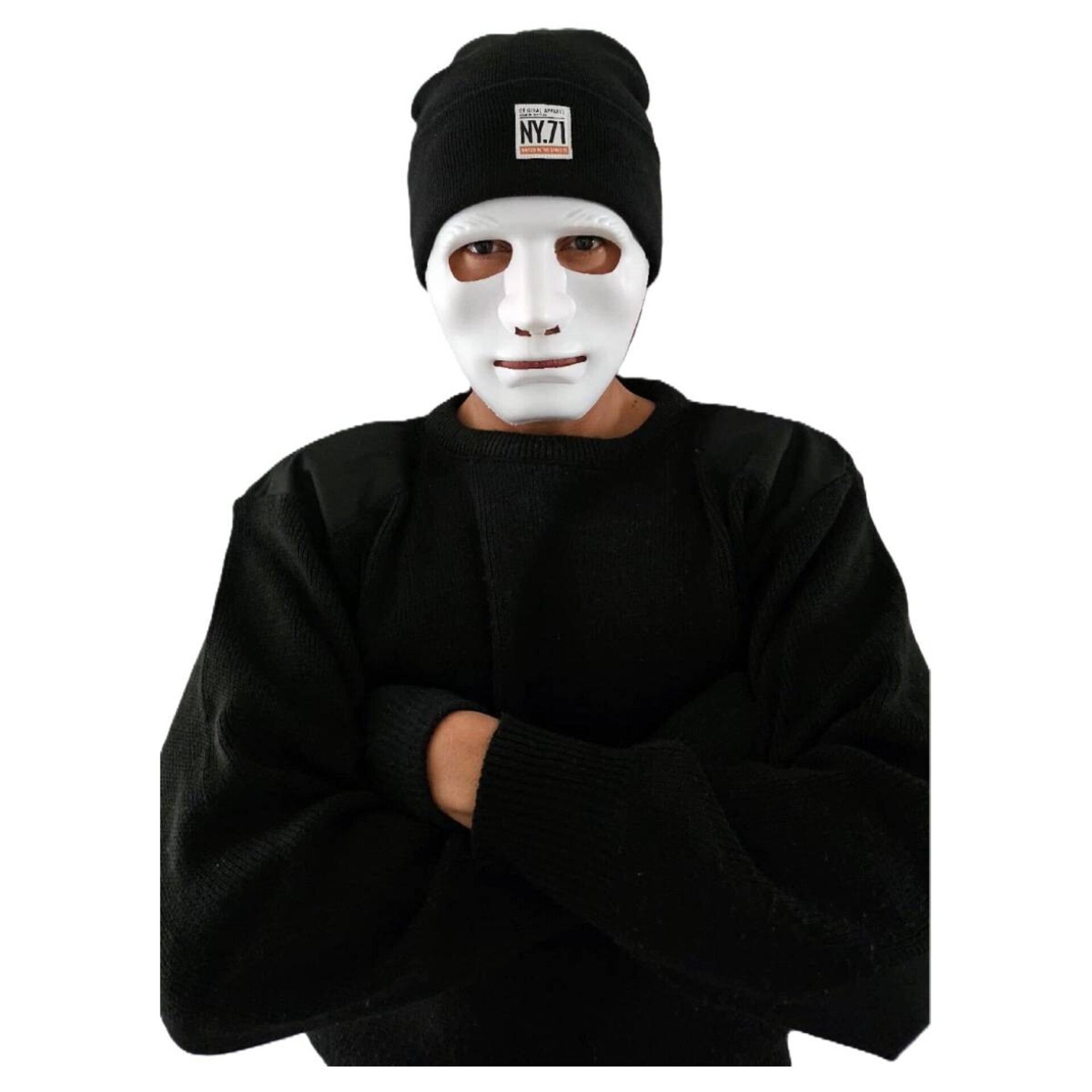Set Disfraz Ladrón Hacker Hip Hop | Máscara Blanca, Gorro Negro, Guantes | - 4