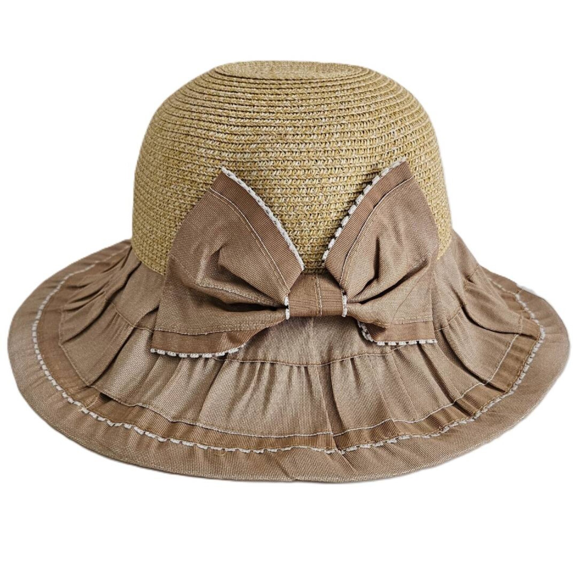 Sombrero de Paja/Denim Beige con Lazo Fruncido Enrollable mujer talla ajustable - 1