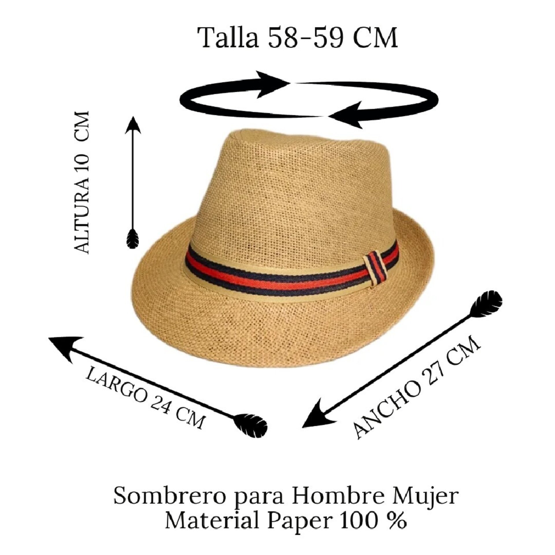 Sombrero Trilby Fedora Clásico Gorro Marrón de Paja de Papel Adulto M/L - 5