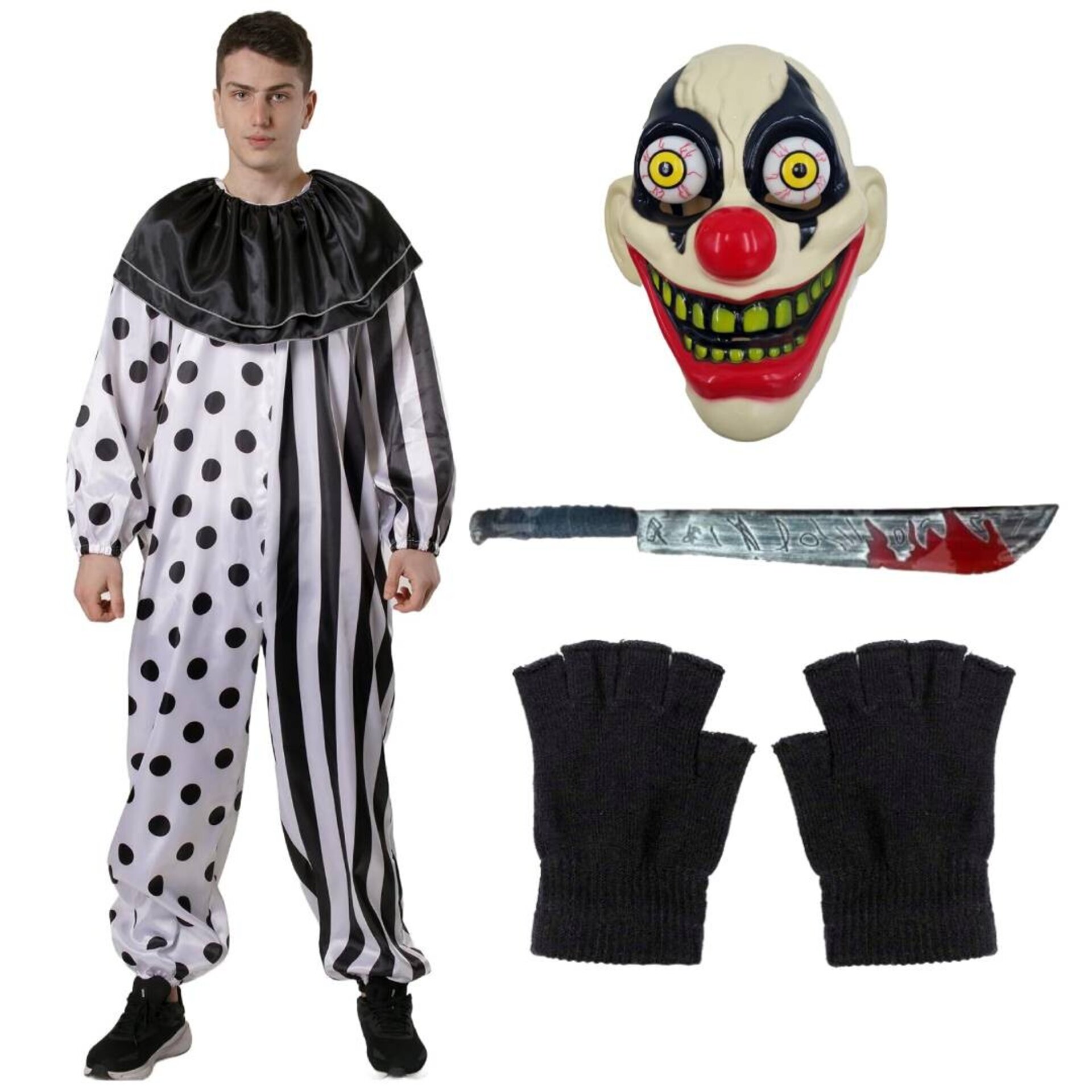 Disfraz Payaso del Terror. Máscara, Guantes, Machete Falso Sangriento y Mono. - 6