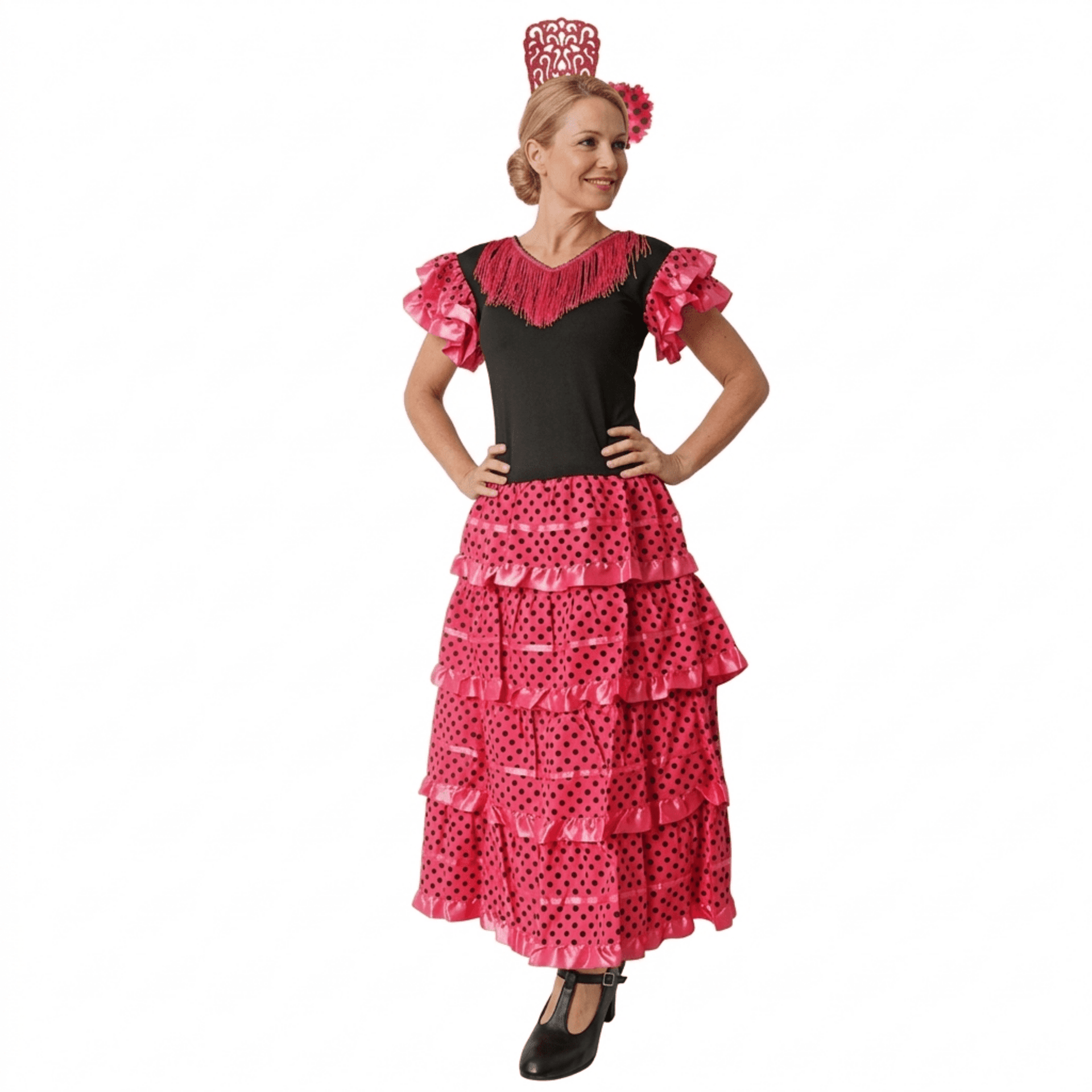 Disfraz de Flamenca Sevillana Mujer Negro y Fucsia con Lunares | Vestido Español - 1