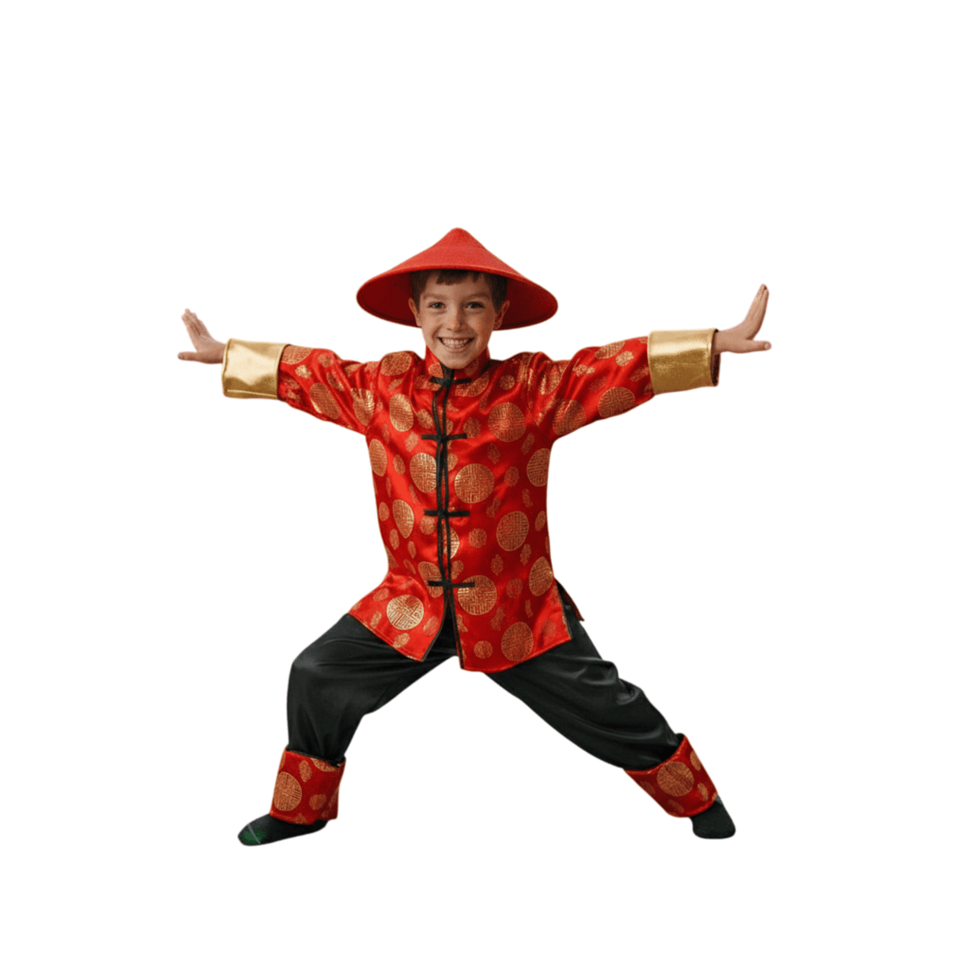 Disfraz de Guerrero Oriental para Niño - Cultura China Camisa Pantalón Sombrero - 4