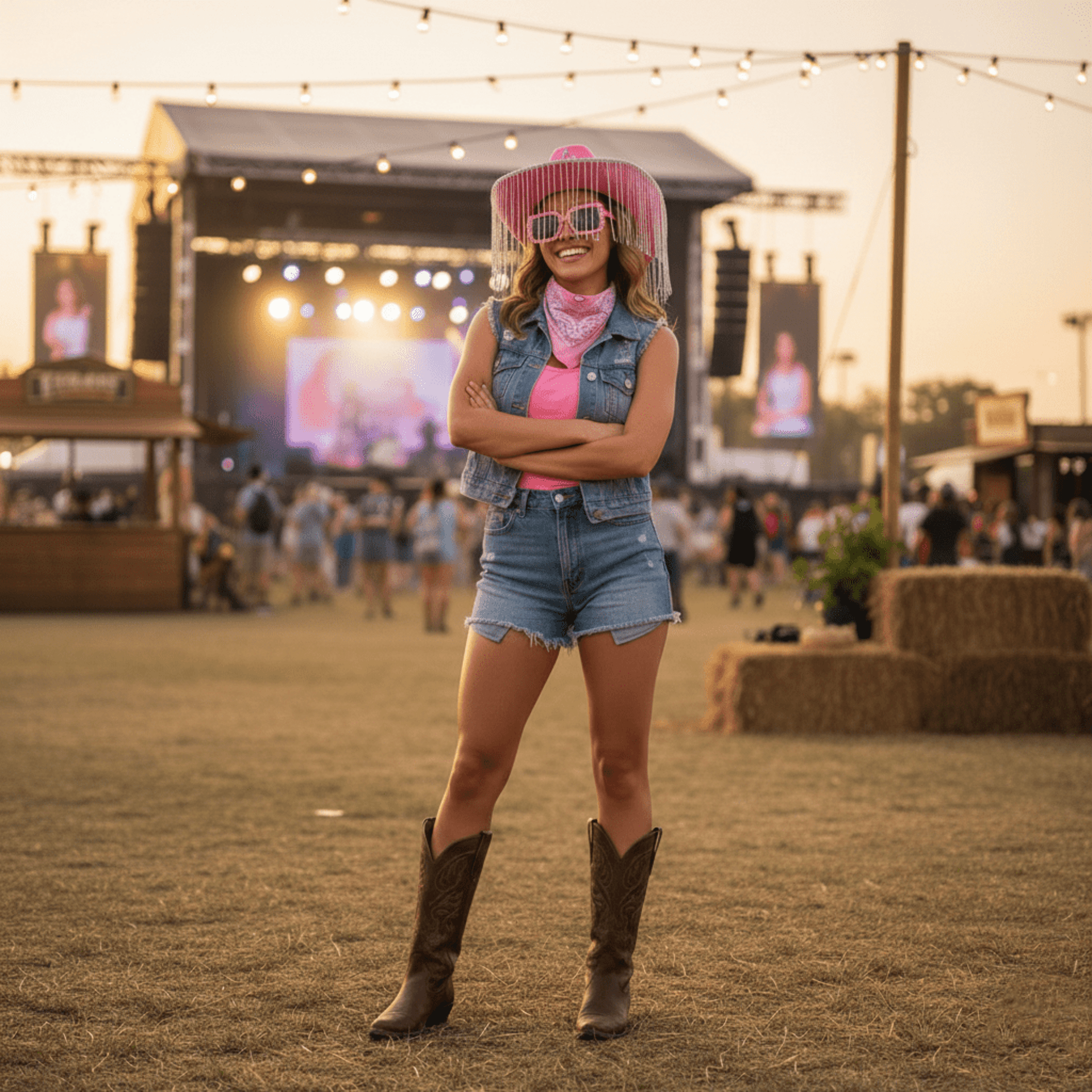Pack Disfraz Vaquera Rosa: Sombrero Cowgirl con Flecos Brillantes Gafas Bandana - 3