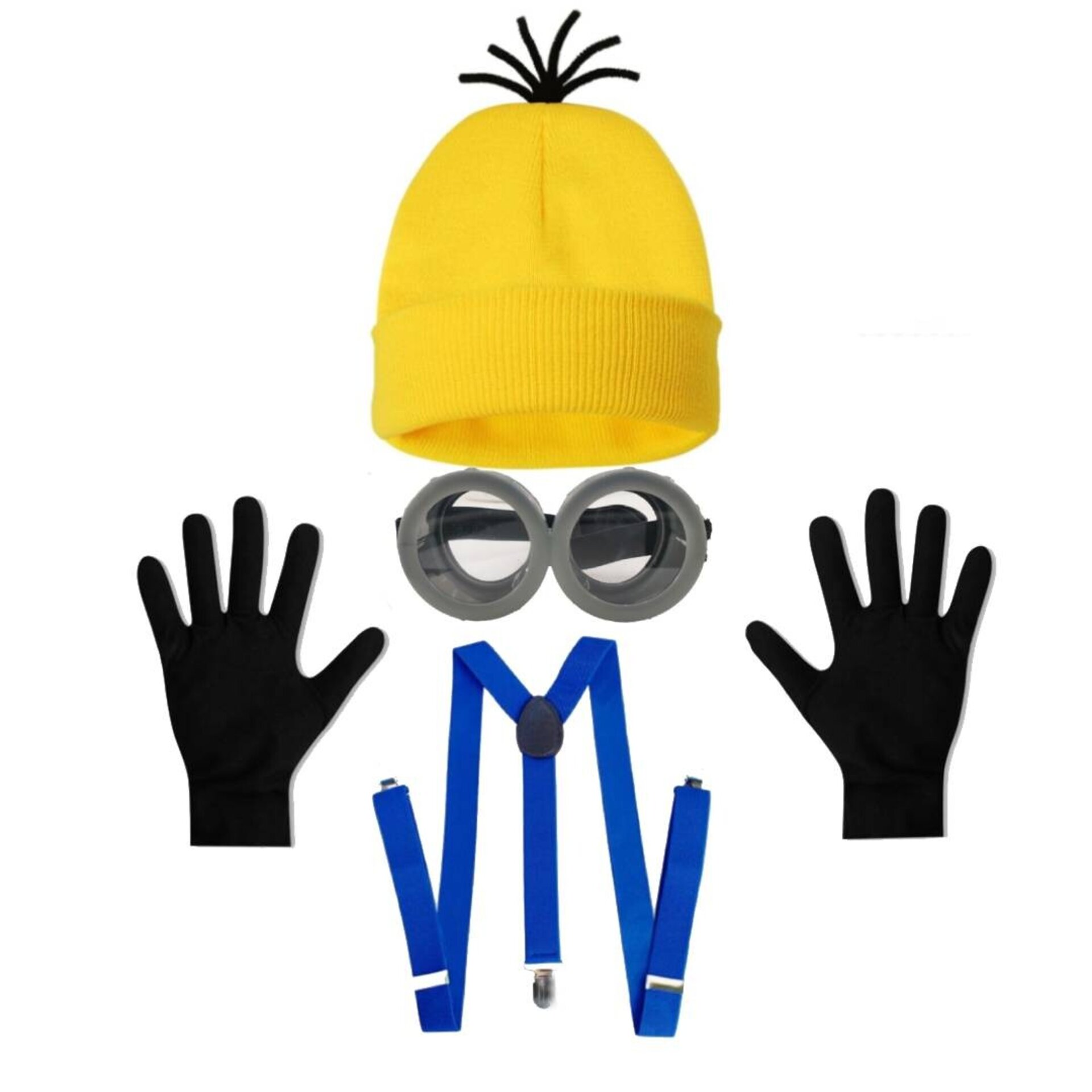Set de Accesorios Disfraz Minion Adulto Unisex Gorro, Gafas, Tirantes, Guantes - 1