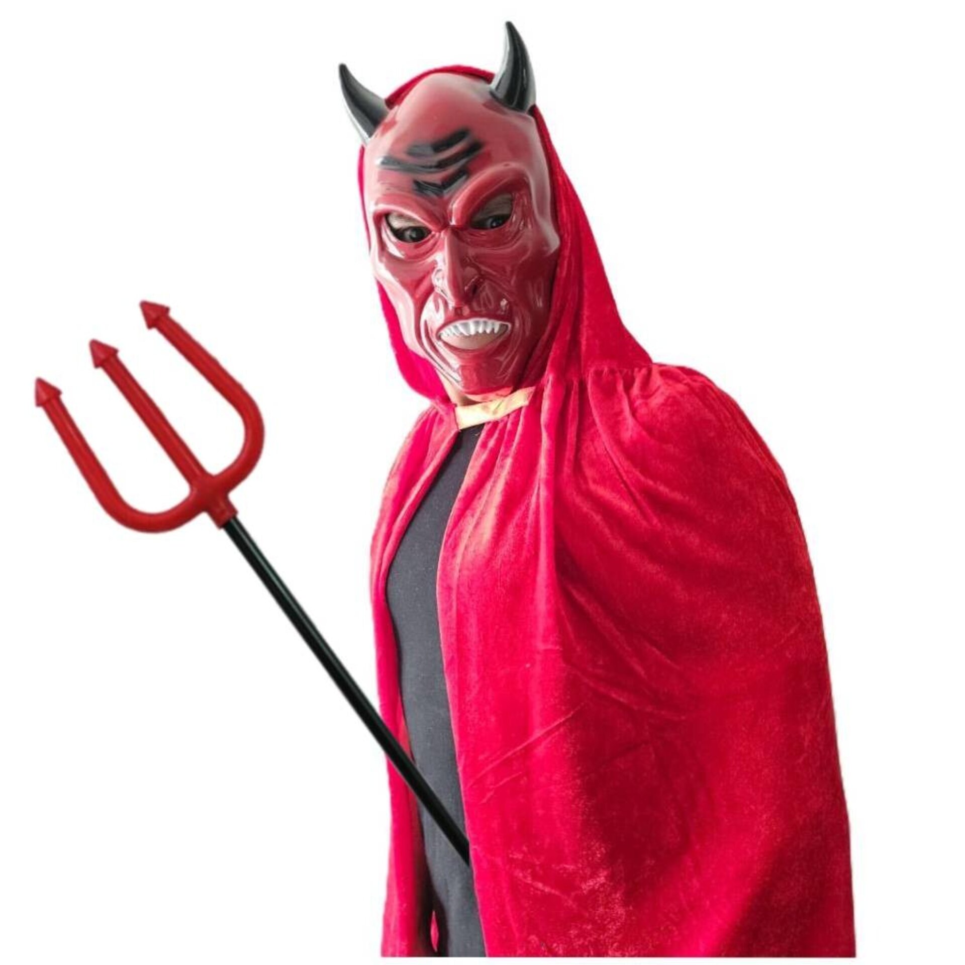 Disfraz Diablo Adulto | Capa Roja Satán Terciopelo + Tridente Máscara Demonio - 3