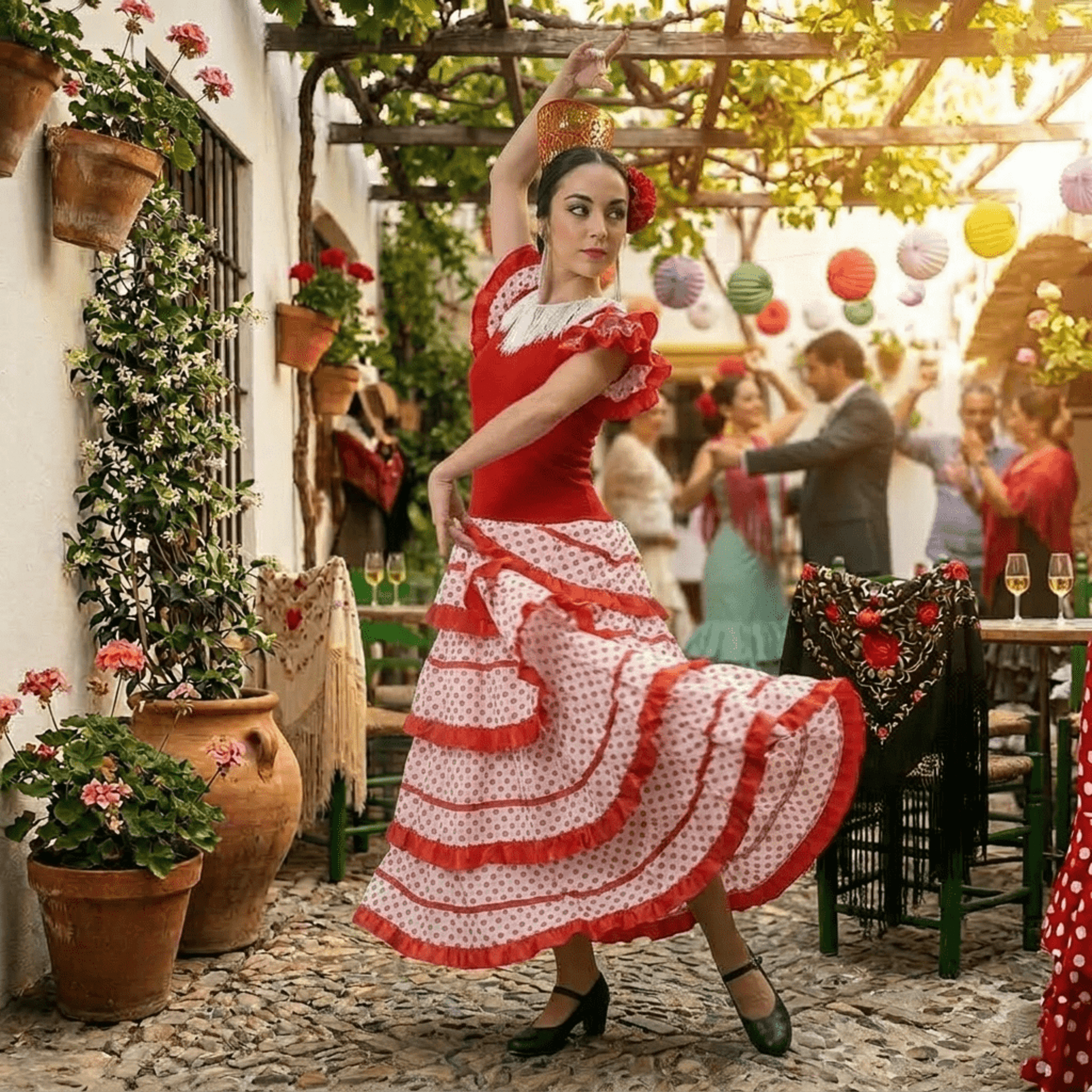 Vestido de Flamenca Mujer Traje Sevillana Rojo y Lunares con Flor y Peineta - 5