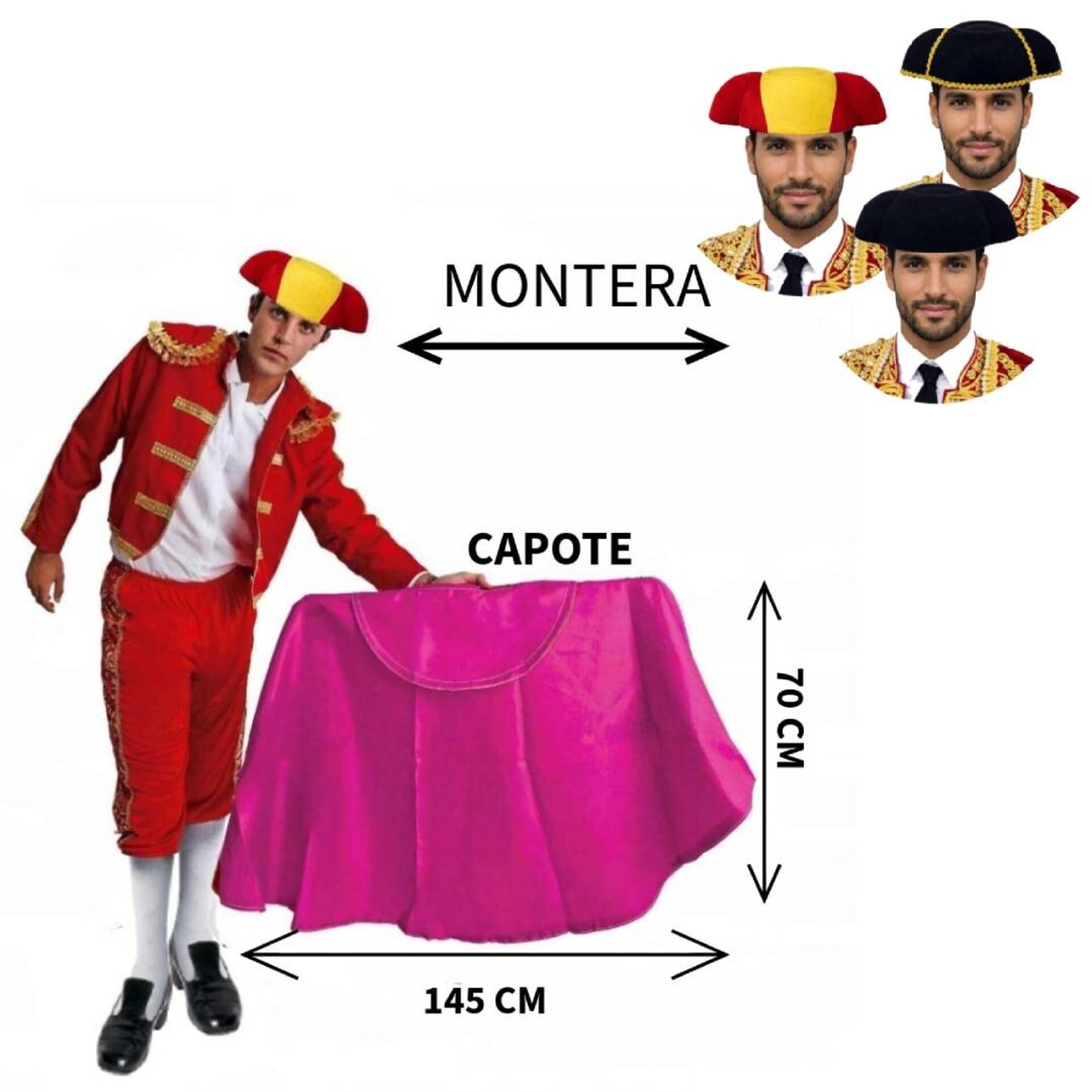 Kit Torero Español Adulto: Capote Rosa 145x70cm y Montera Ajustable para Disfraz - 2