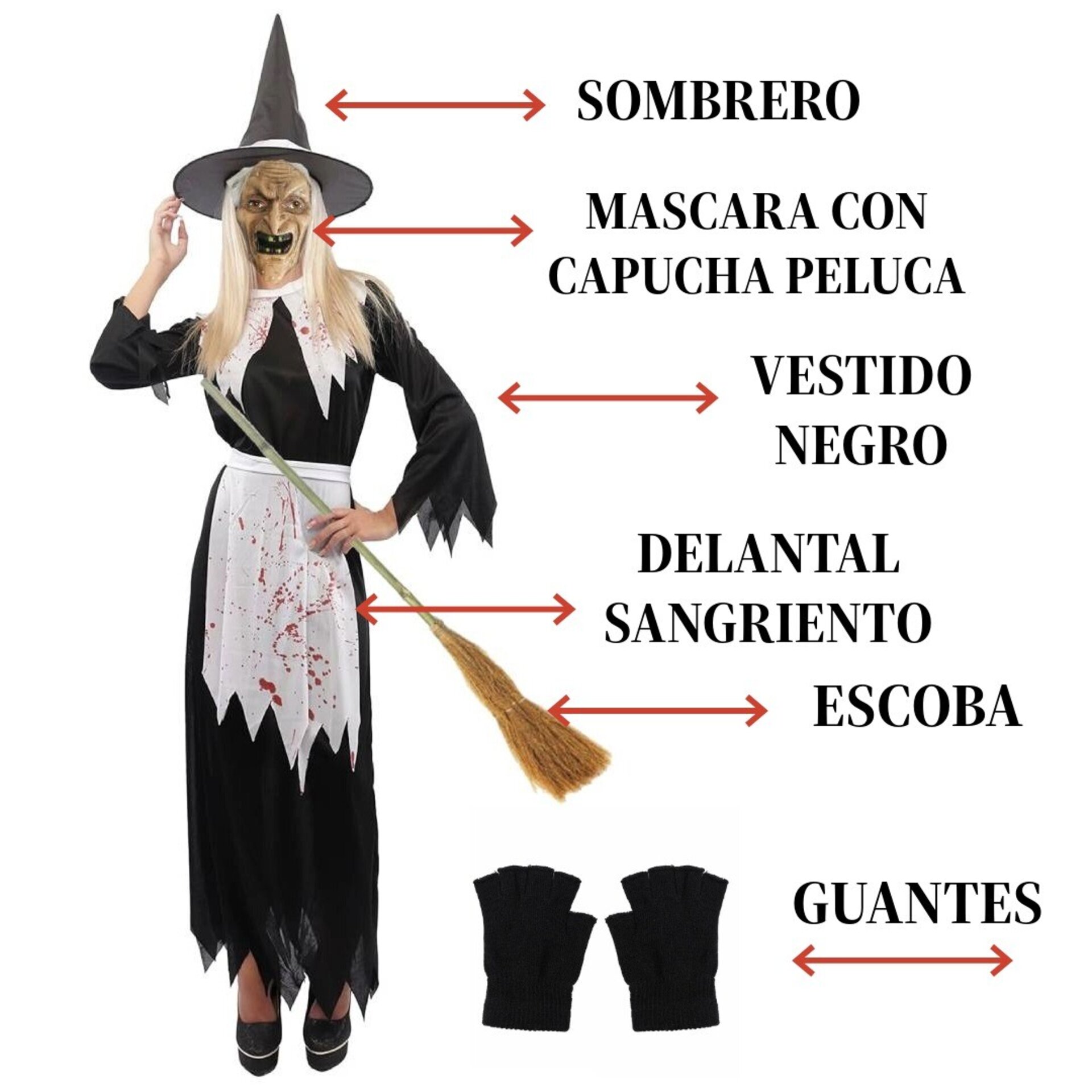 Disfraz Bruja Maligna Adulta | Vestido Negro Máscara Guantes Escoba Sombrero - 8