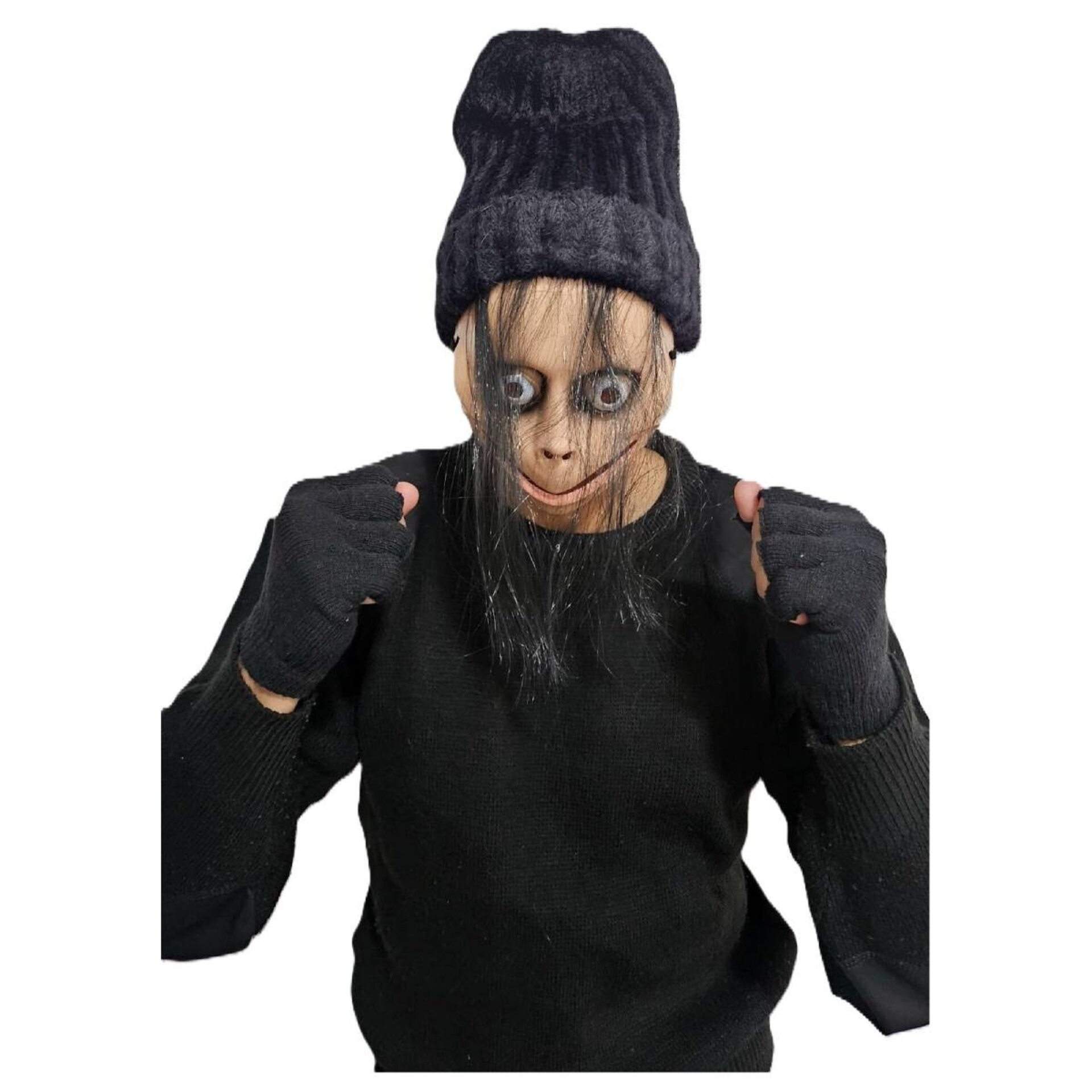 Máscara de Momo con pelo Guantes, Gorro Negro para Adulto - 7