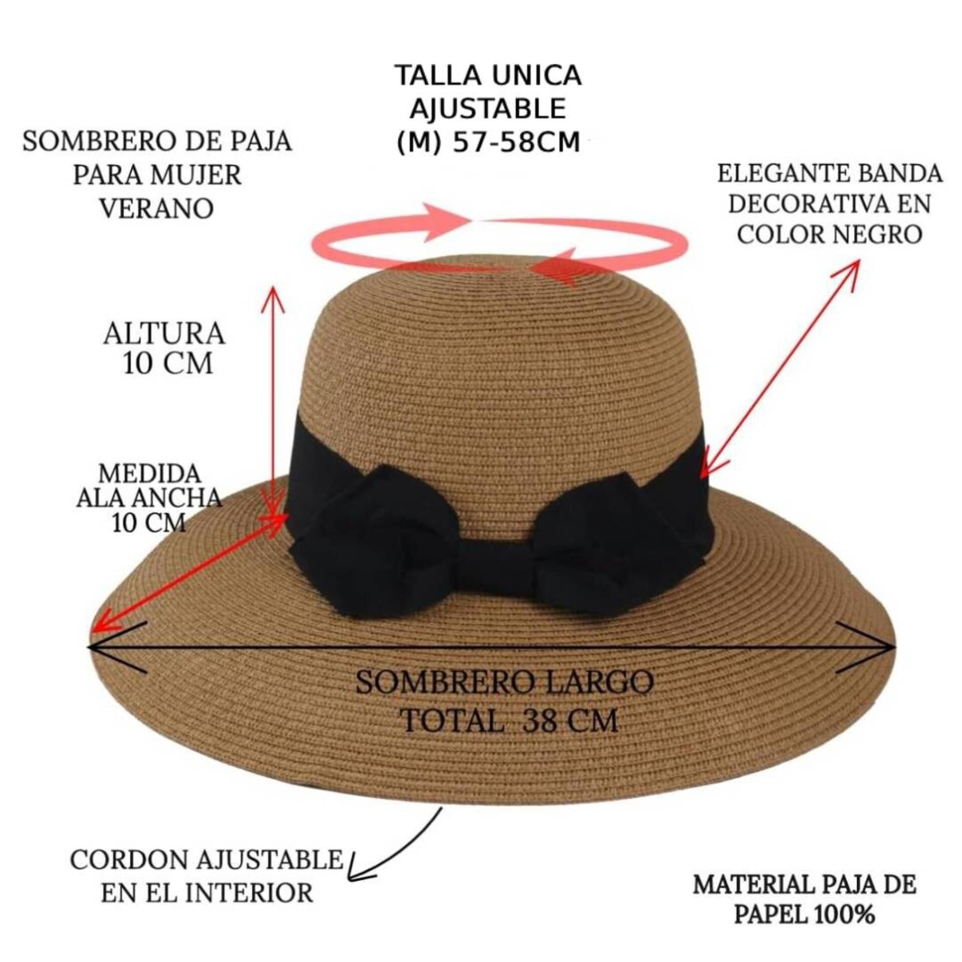 Sombrero Paja Mujer | Marrón Cordón Ajustable | Ala ancha Fedora Talla Única - 6