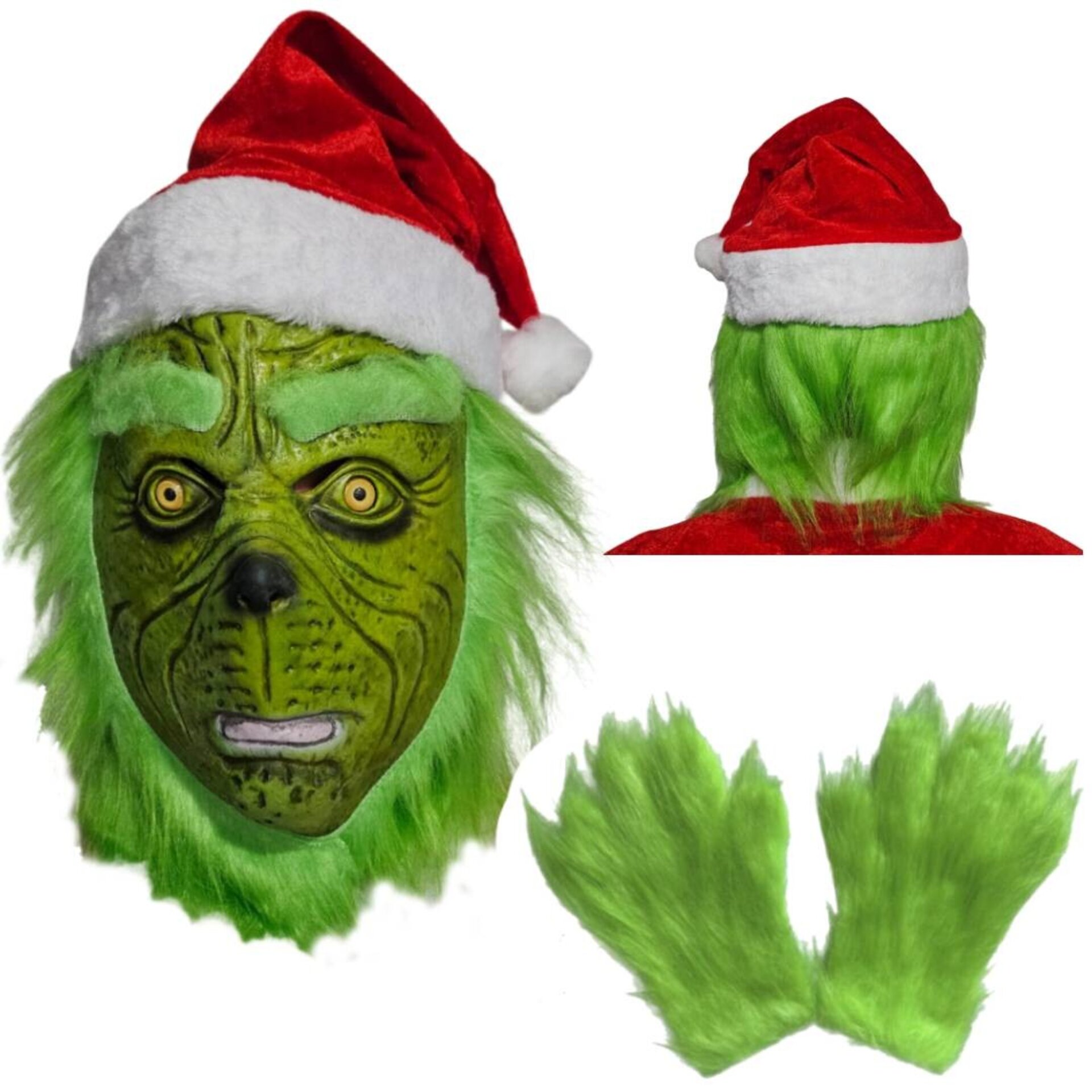 Conjunto de Disfraz del Grinch Mascara Látex, Gorro de Navidad y Guantes - 1