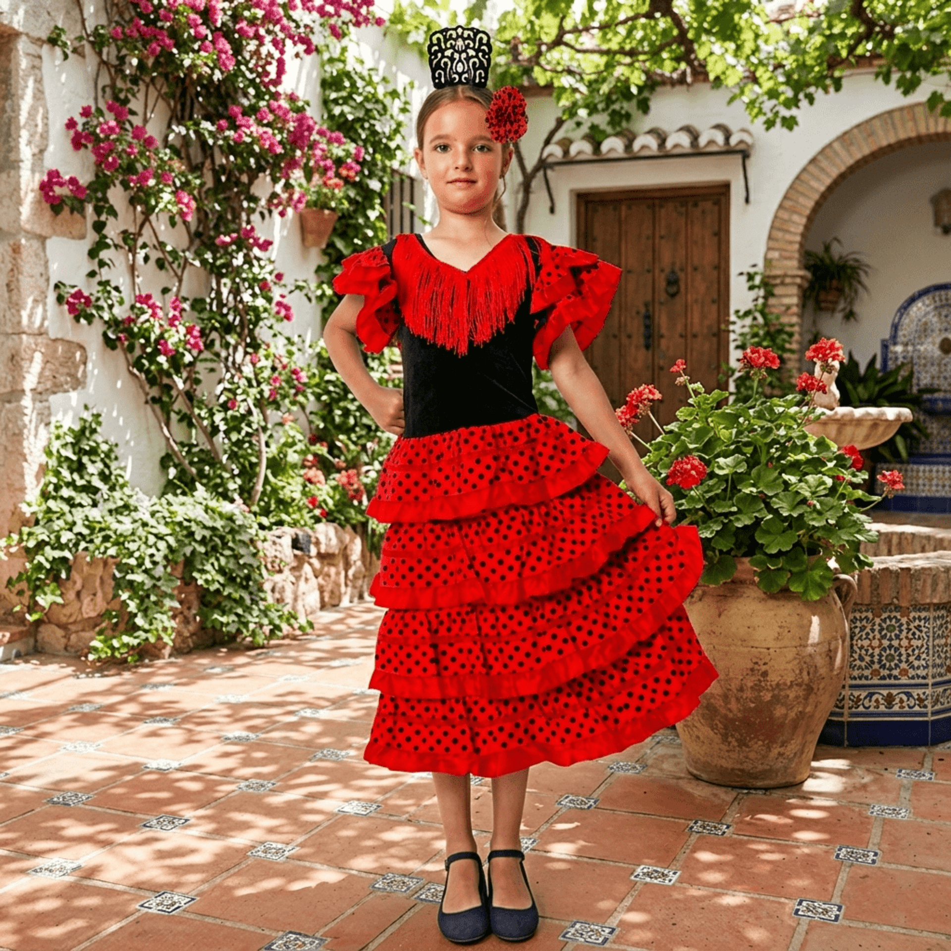 Disfraz de Flamenca para Niña - Vestido Sevillana con Volantes Rojos y Lunares - 6
