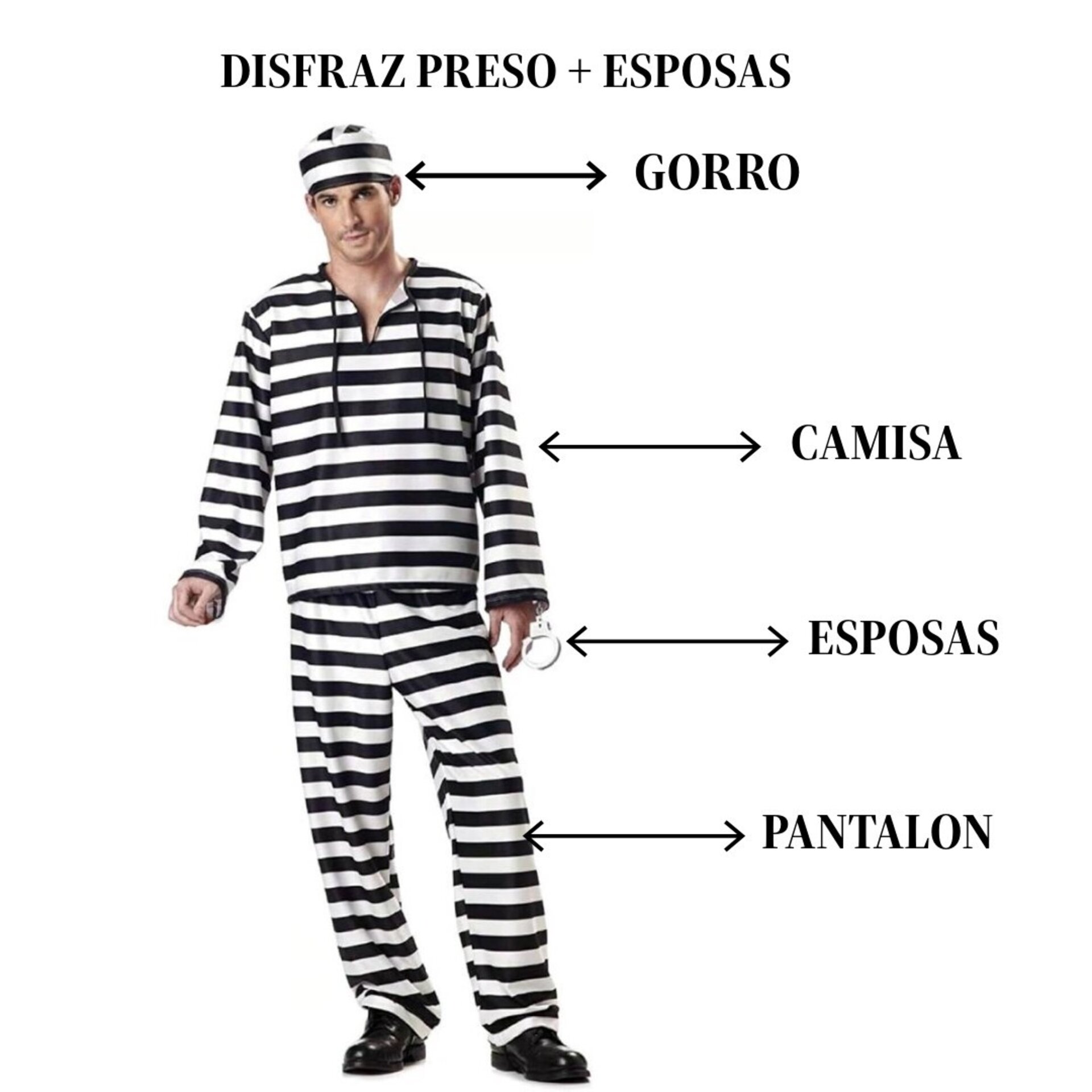 Disfraz Clásico Prisionero Adulto Preso | Rayas Blanco/Negro + Gorro y Esposas - 6