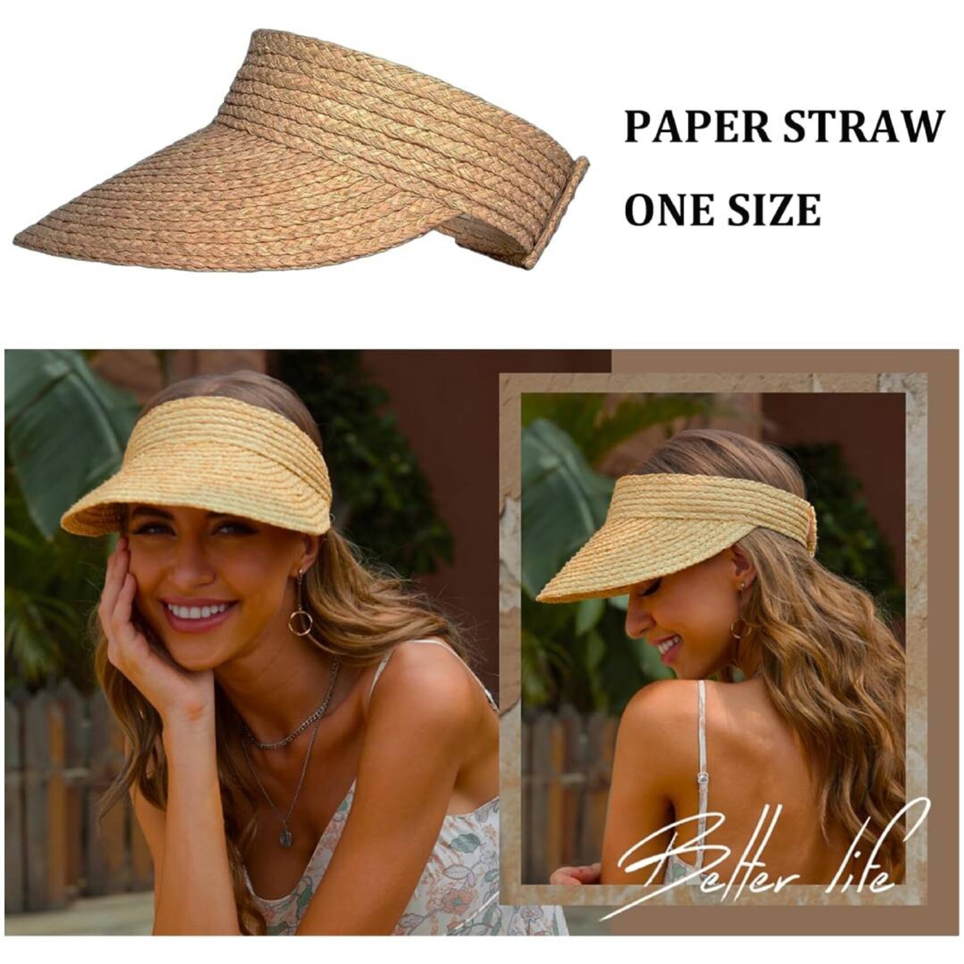 Sombrero de Paja Gorro Visera de ala ancha Mujer Adulto Talla Ajustable Marrón - 3