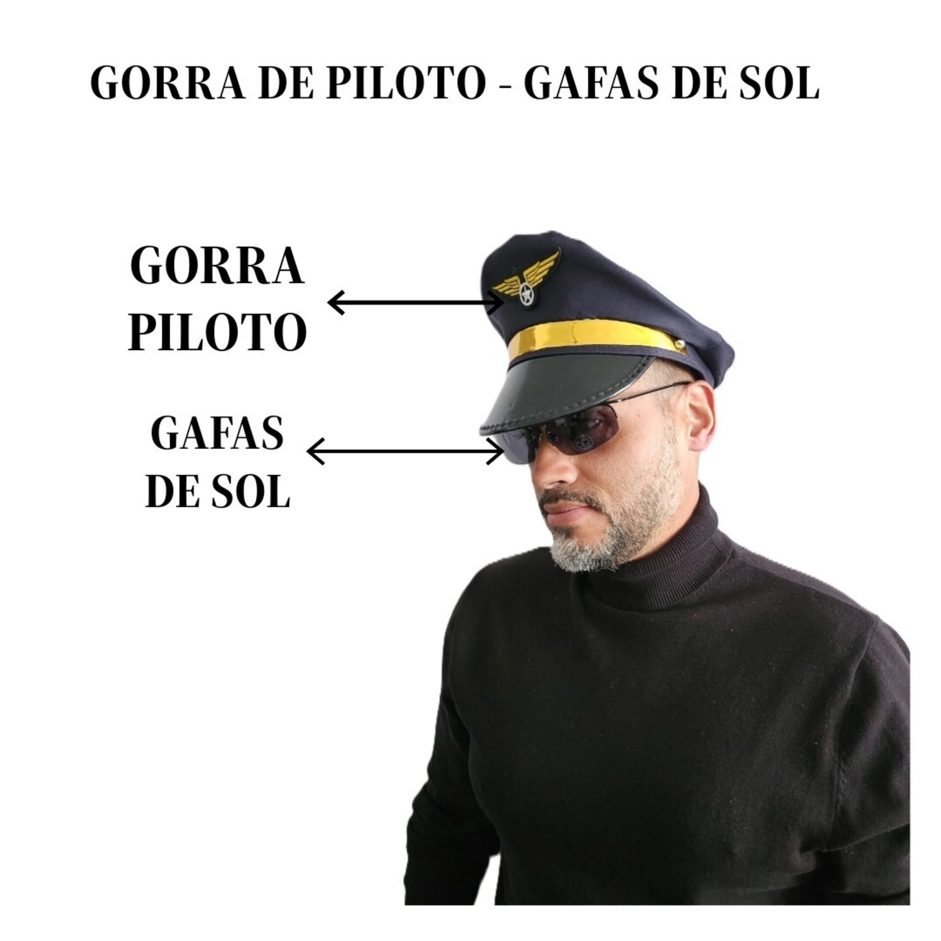 Gorra Piloto con Gafas de Sol Metálicas de Aviador para Hombre Adulto - 7