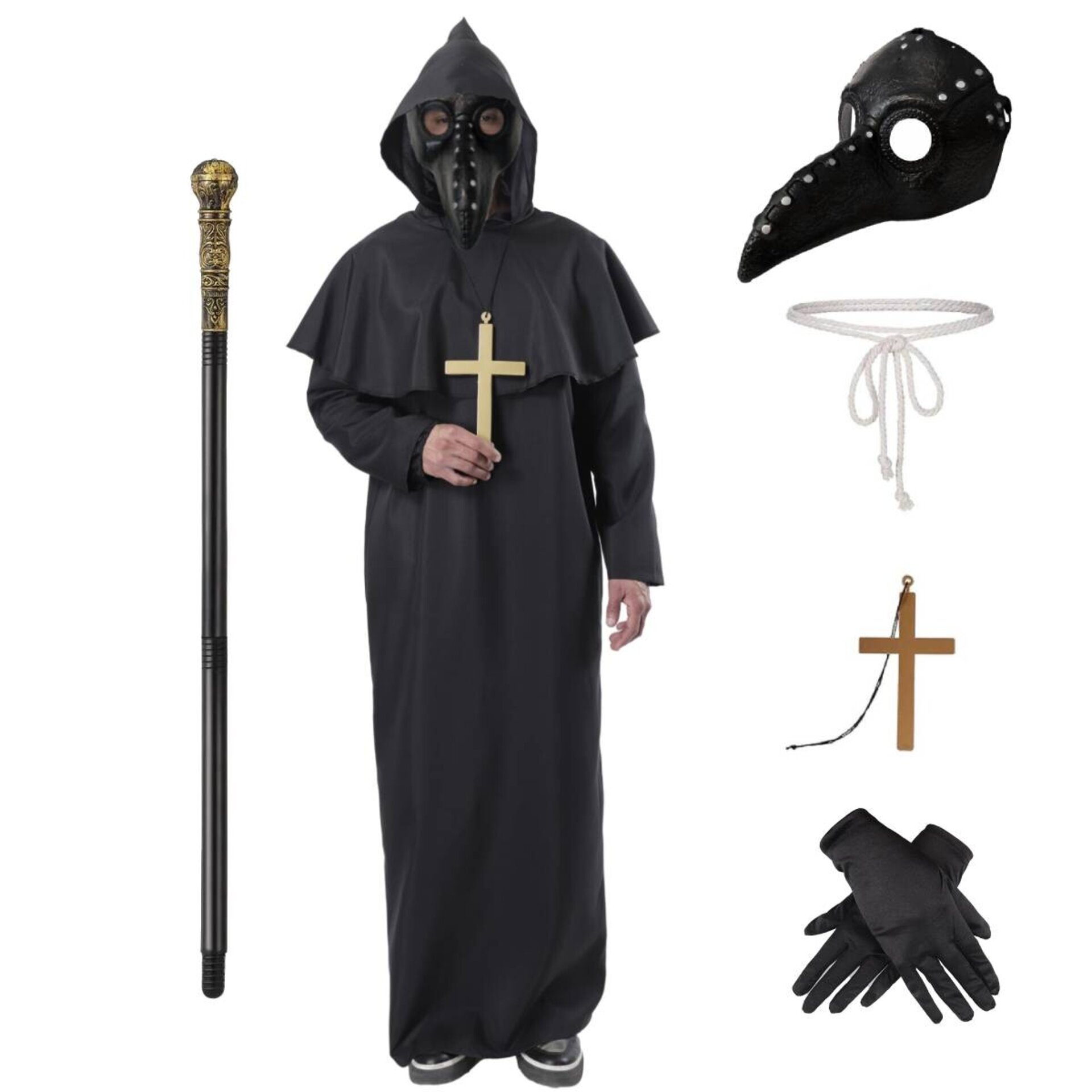 Disfraz Medico Peste Negra Adulto Túnica Negra Máscara Steampunk Sacerdote - 6