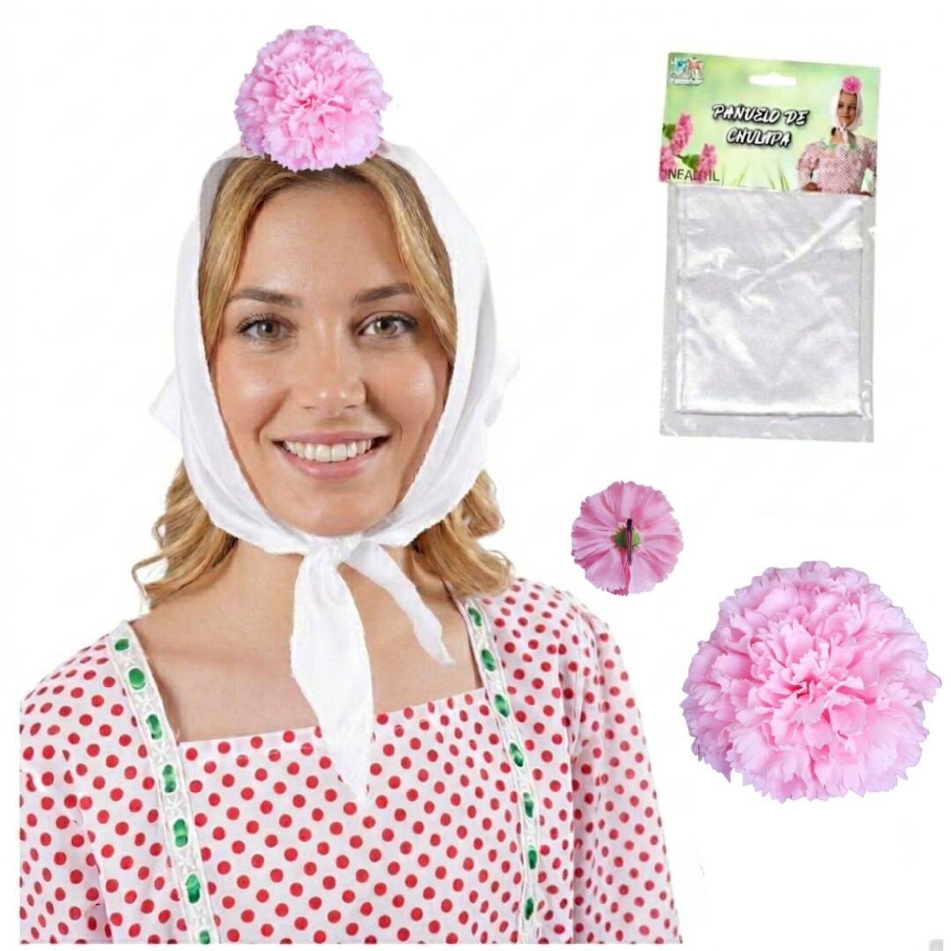 Lote 24 Accesorios Disfraz Chulapa Adulto : 12 Pañuelos Blancos + 12 Claveles - 6