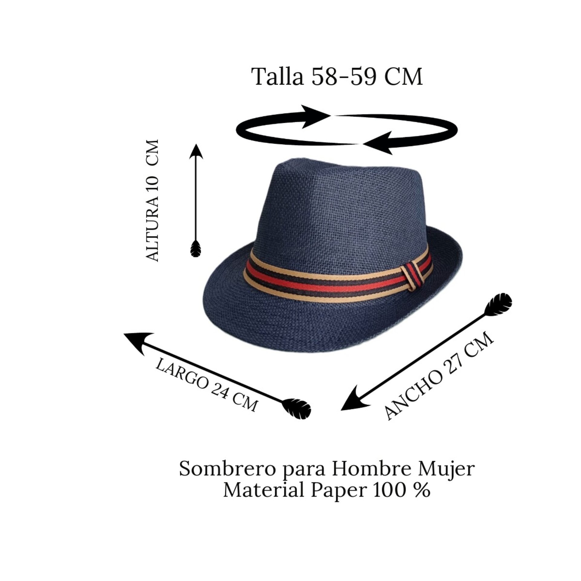 Sombrero Trilby Fedora Clásico Gorro Azul de Paja de Papel Adulto M/L - 4