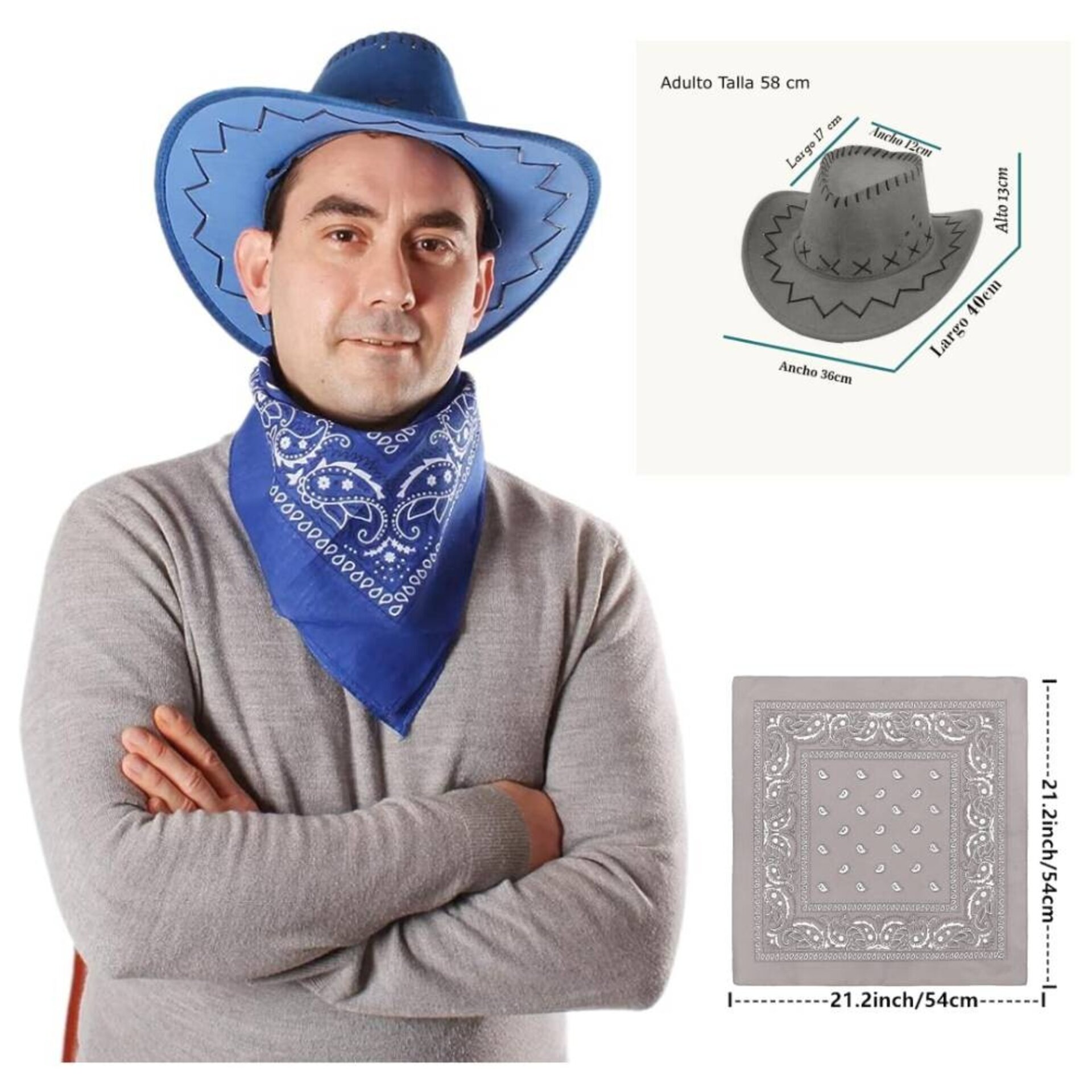 Sombrero Cowboy Cowgirl de Vaquero con Pañuelo Bandanas Azul - 4