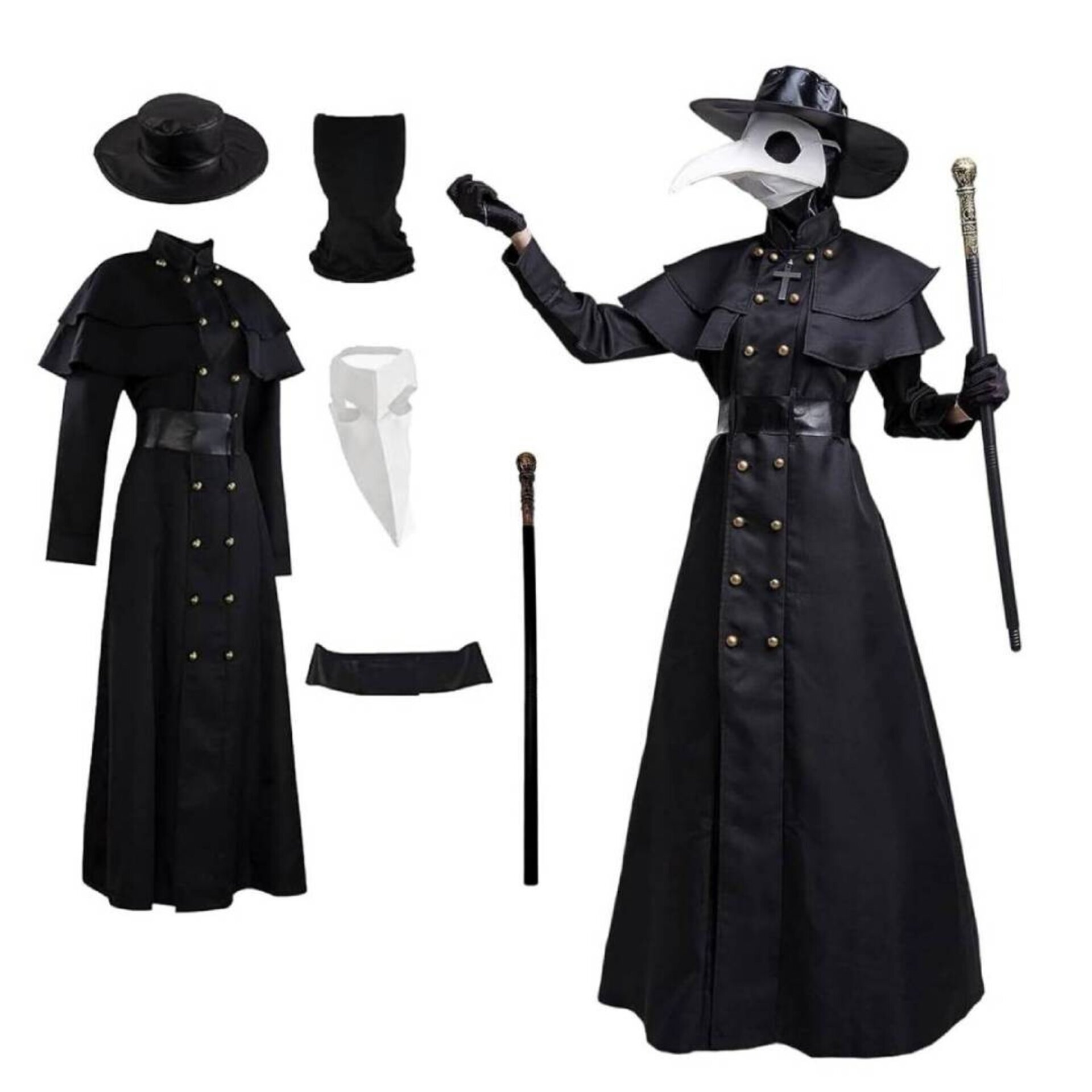 Disfraz Medico Peste Negra Unisex Túnica Steampunk Máscara Sombrero Bastón - 2