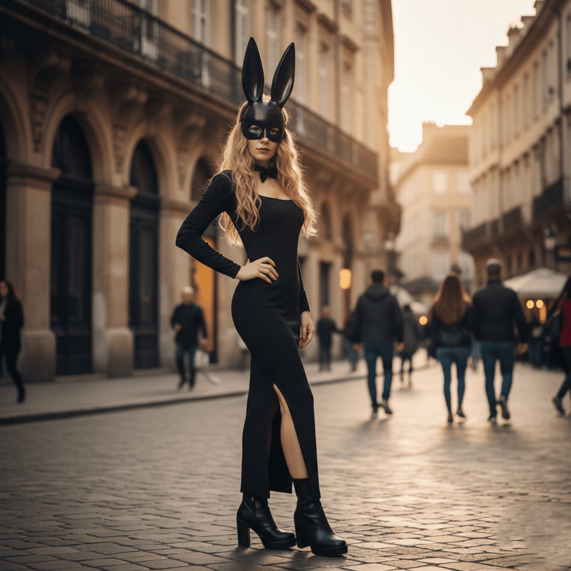 Vestido Largo Negro Disfraz Conejita Sexy con Máscara y Pajarita para Halloween - 3