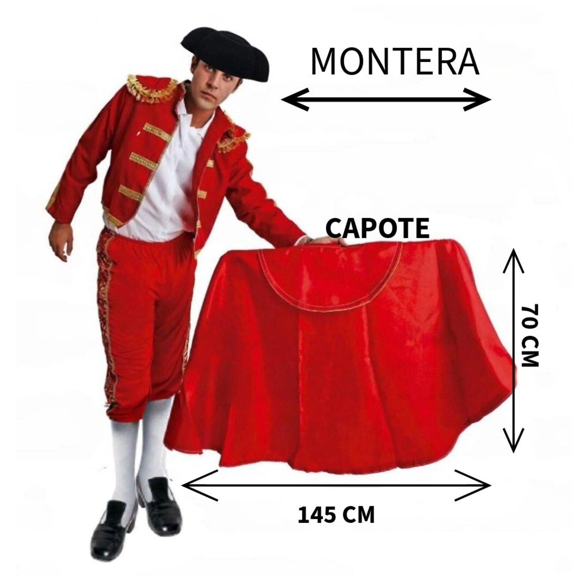 Kit Torero para Disfraz Capote Rojo (145x70cm) + Montera Adulto| Talla Única - 6