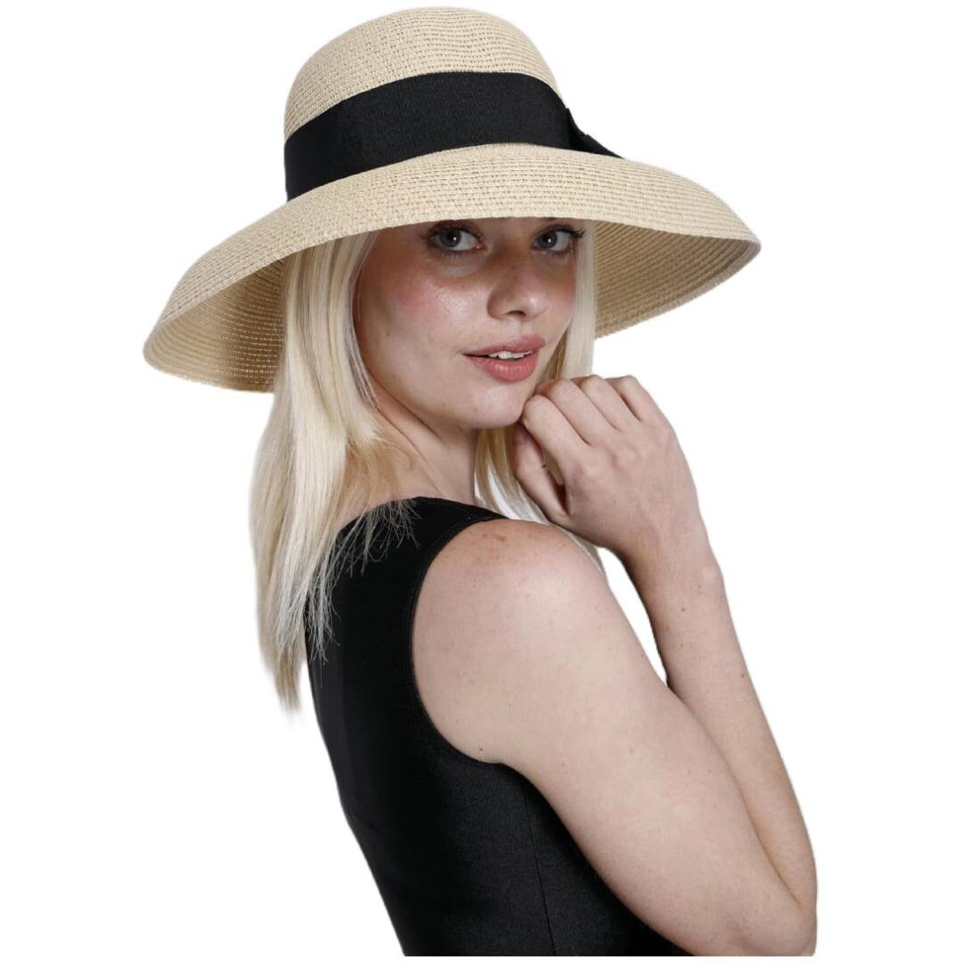 Sombrero Paja Mujer | Beige Cordón Ajustable | Fedora Casual Playa Viaje Fiesta - 3
