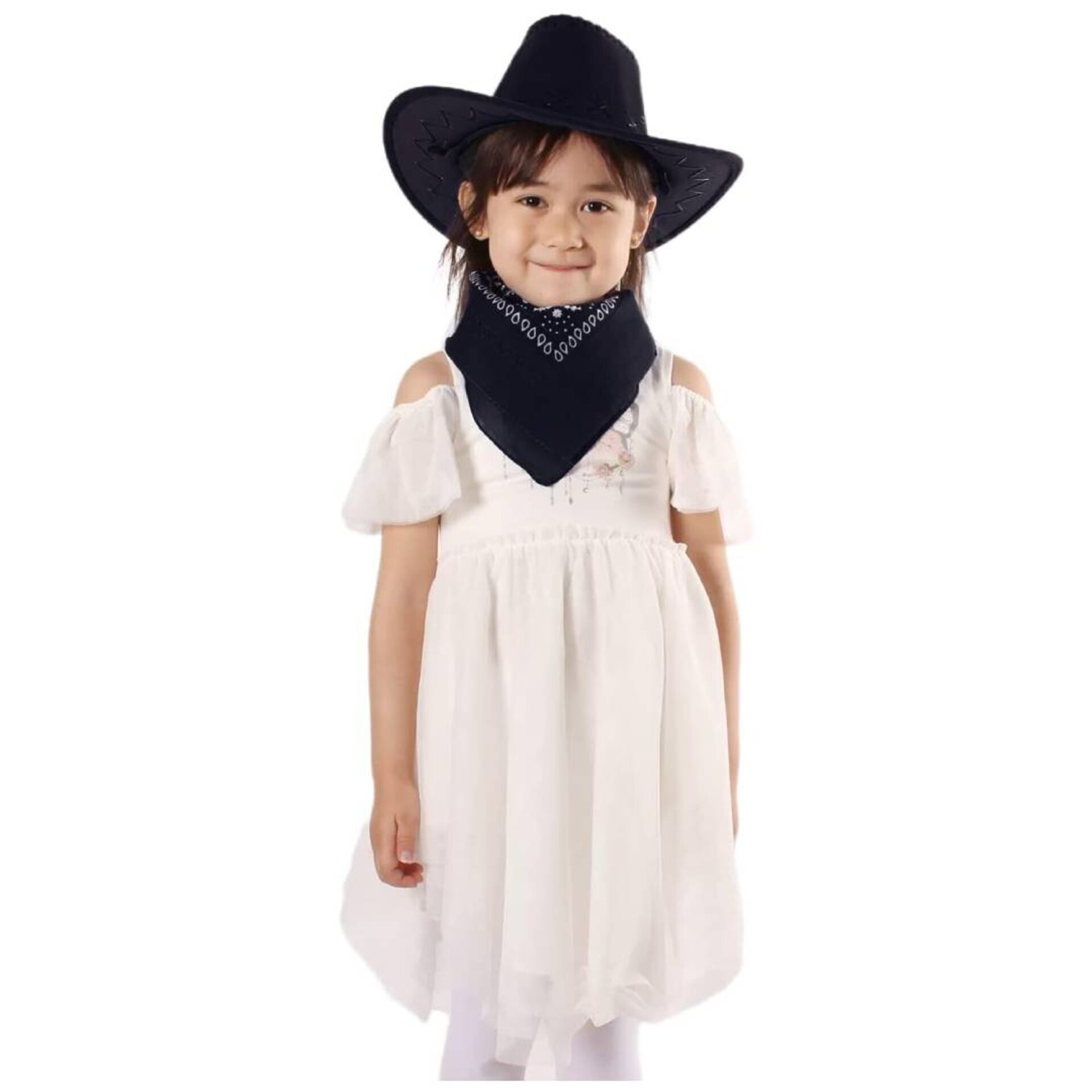 Sombrero Vaquero Cowboy Negro Niños Con Pañuelo Western Estampado Bandana - 1