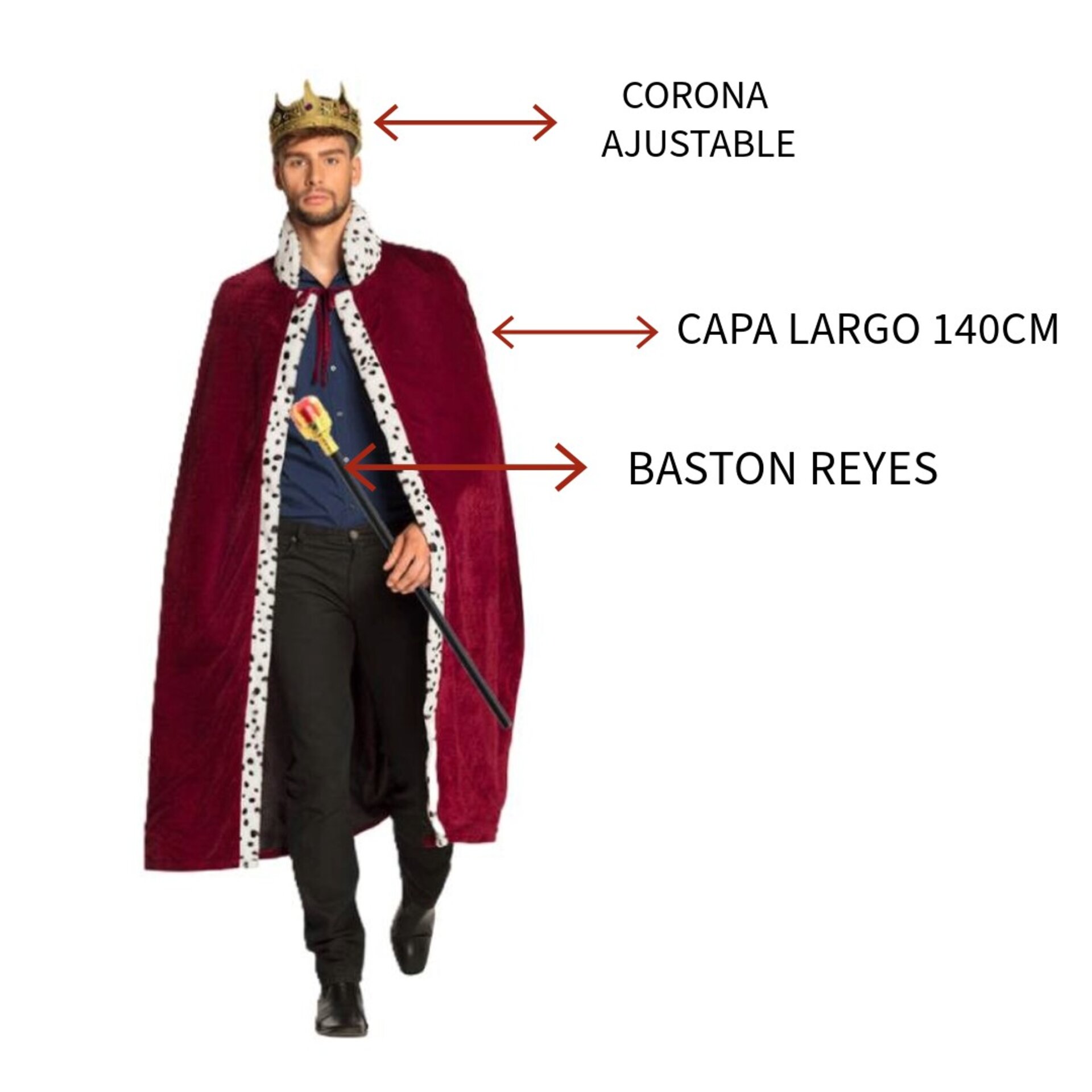 Capa Rey Mago Lujo Burdeos 140cm | Corona Ajustable + Bastón | Accesorio Navidad - 7