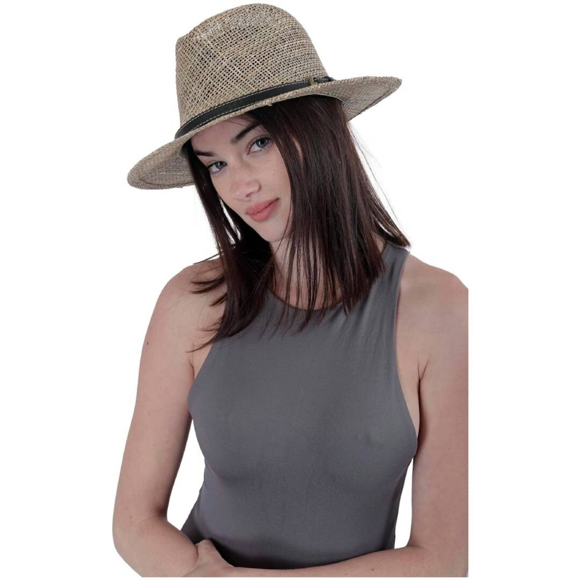 Sombrero Paja Natural Estilo Panamá, ala Ancha, Cinta Decorativa Hombre Mujer - 4