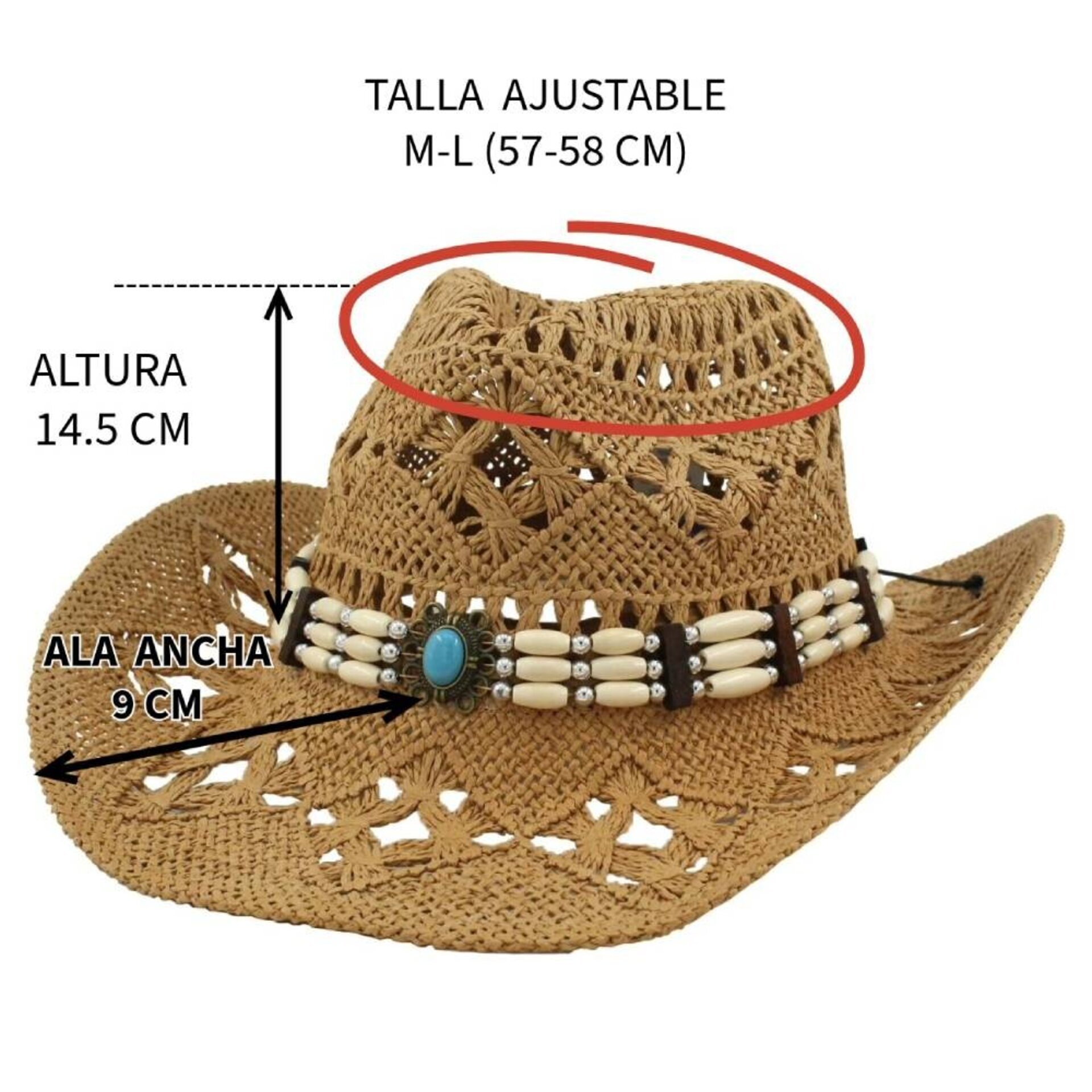 Sombrero Vaquero Paja Unisex Ajustable | Marrón Cowboy Western | Alas Anchas - 2