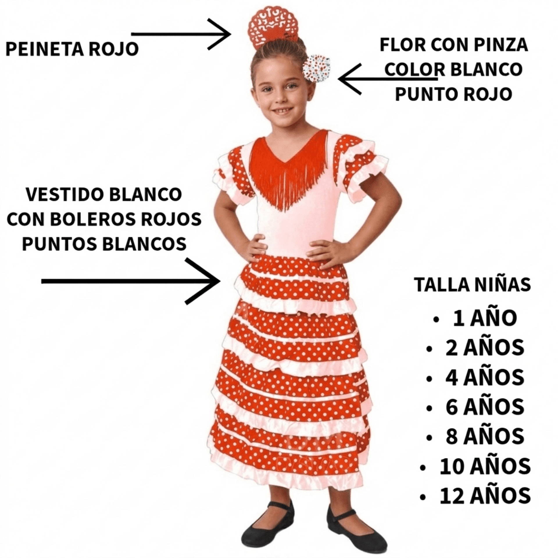 Vestido Flamenca Niña Traje Sevillana con Peineta y Flor | Disfraz Andaluza - 10